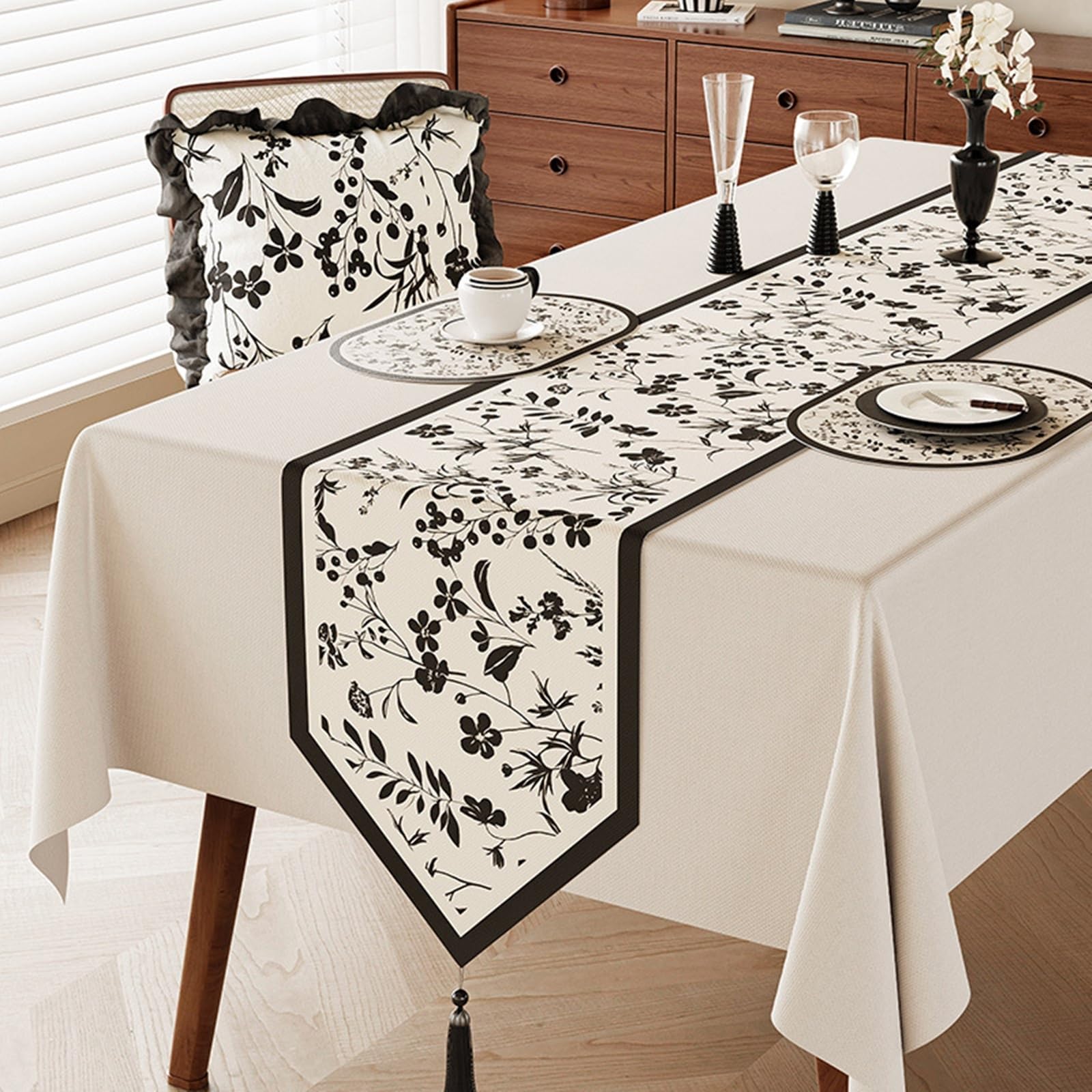 Chemin de Table Moderne 30x260cm, Chemin de Table Mariage Champetre Effet Lin avec Motif Floral Vintage