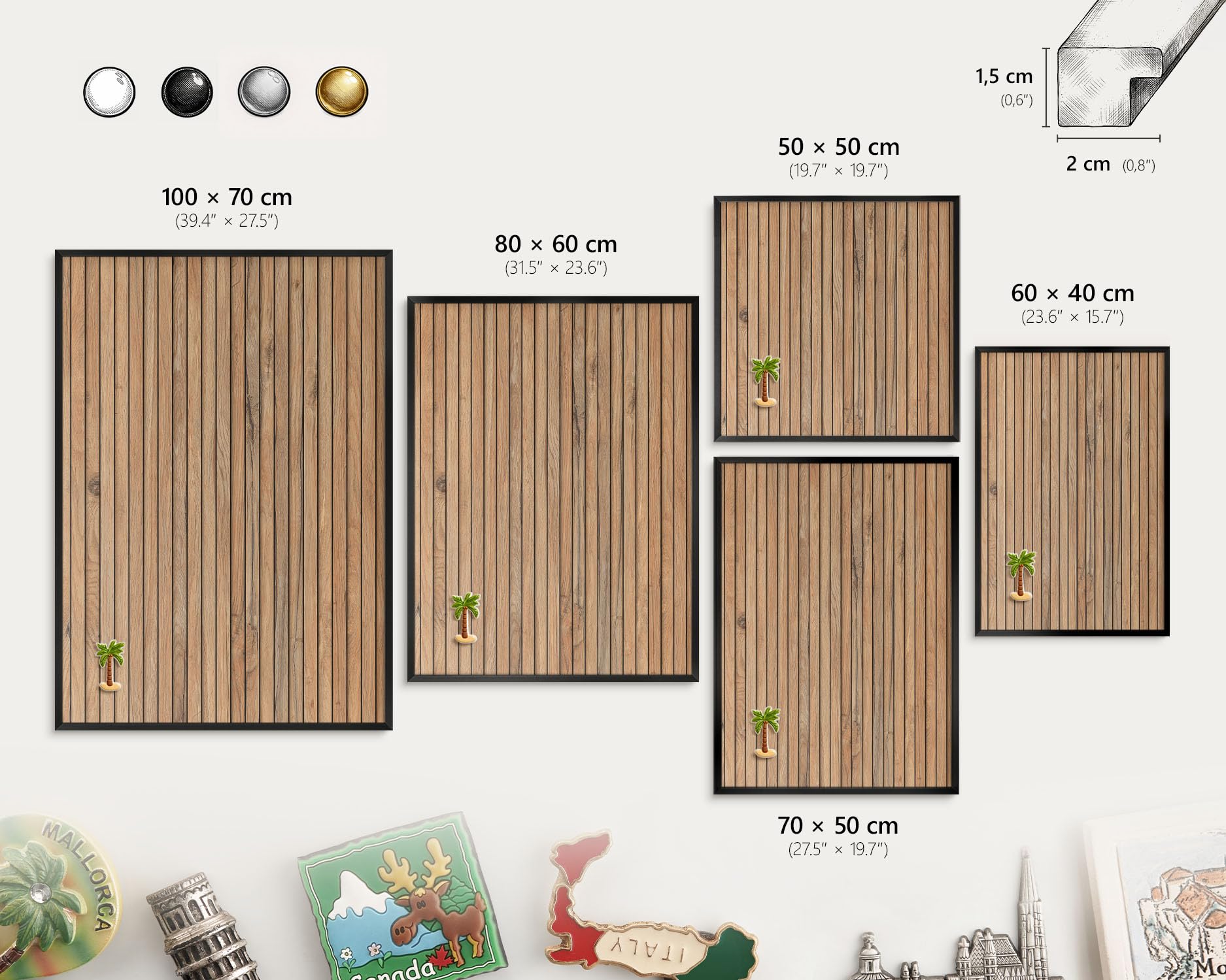 Pizarra Magnética de Pared 60x40 cm | con Marco Negro | Tablas De Madera | Montaje Fácil | Tablero Imantado | Para Imanes Turísticos, Recuerdos de Viaje y Fotos