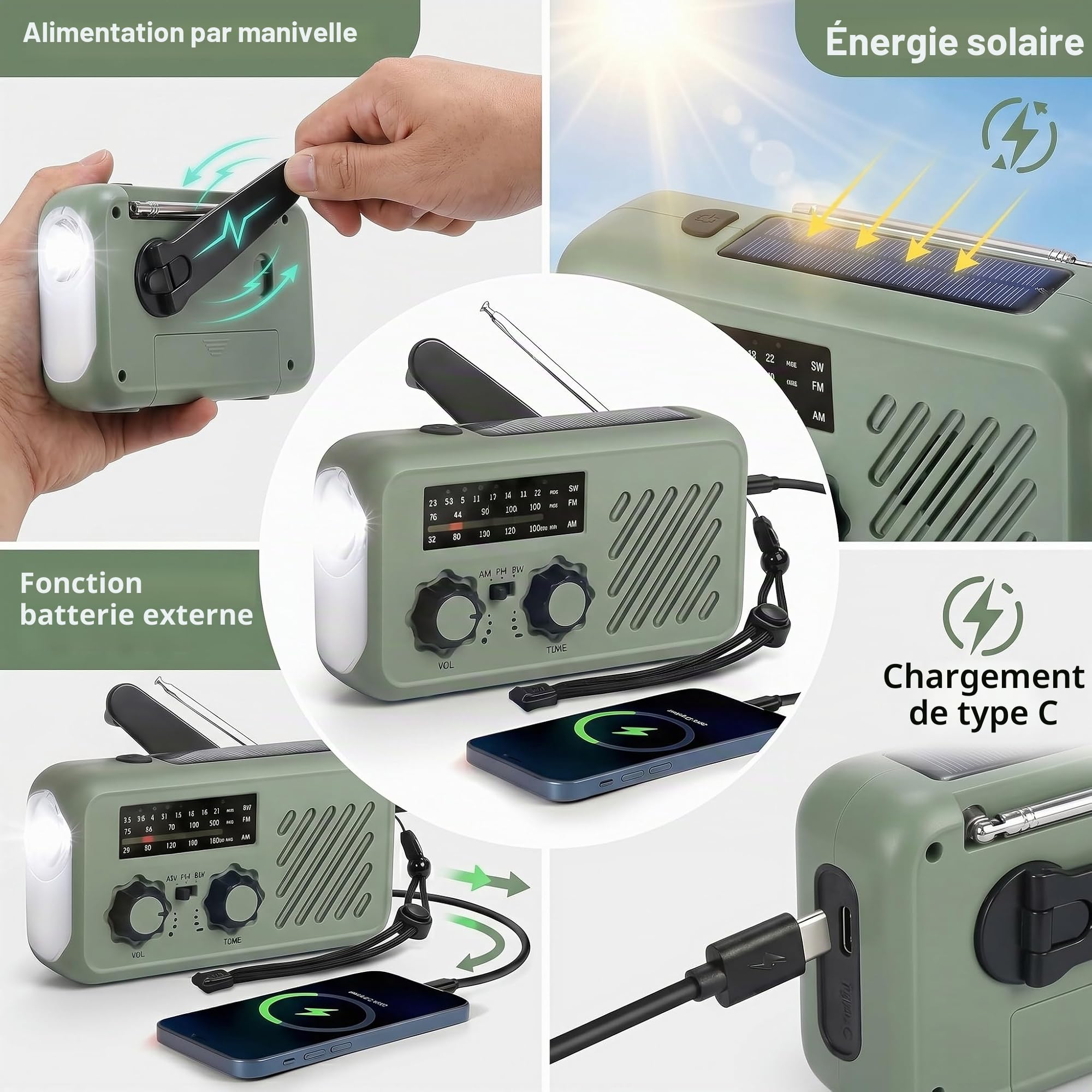 Radio Portable Urgence, Radio de Survie AM/FM Solaire & Dynamo, Powerbank 2000mAh, Lampe LED Torche + Lecture, Alarme SOS - 4 Modes de Charge, Idéale Camping, Panne de Courant, Voiture