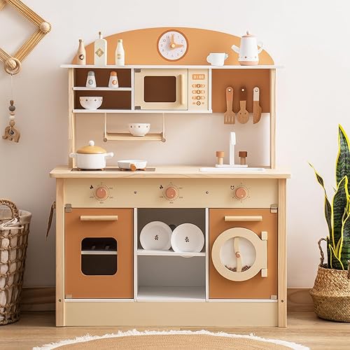 Miniatura 2 de ROBOTIME Juego de cocina de madera, juego de cocina para niños con diseño realista, juego de cocina para niños y niños pequeños con lavavajillas,