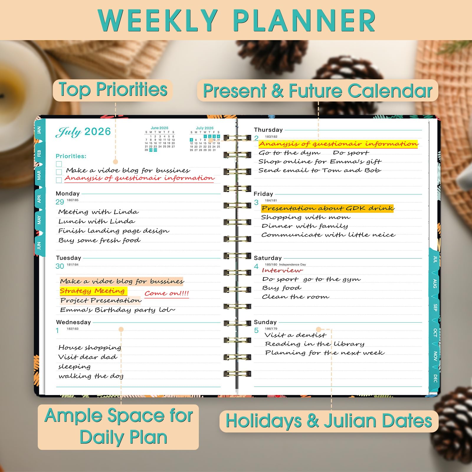 Ymumuda Planer 2024, Wochenplaner Monatsplaner 2024, 12-Monats-Schulplaner von JAN.2024 bis DEC.2024, 21,3 x 15,2 cm, Spiralplaner Notizbuch mit Aufklebern, Gummibandverschluss, Innentasche,