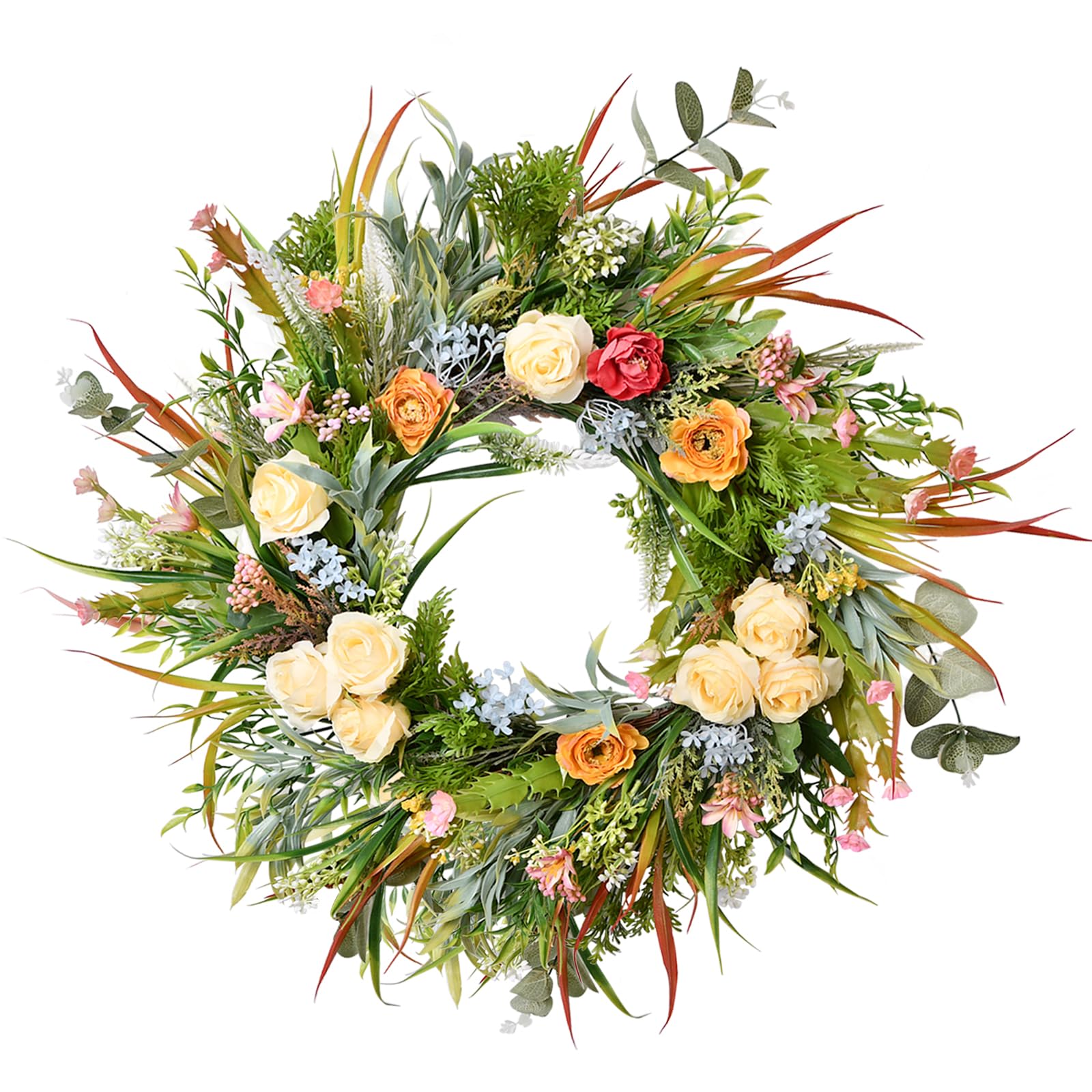 Beinhome 20in Spring Wreath for Front Door, Yellow Rose Lavender Wreath Spring Summer Wreath Decorated with Small Red Peonies Blue Hydrangeas and Fruits for Window Home Kitchen Wall Decorative Wreath