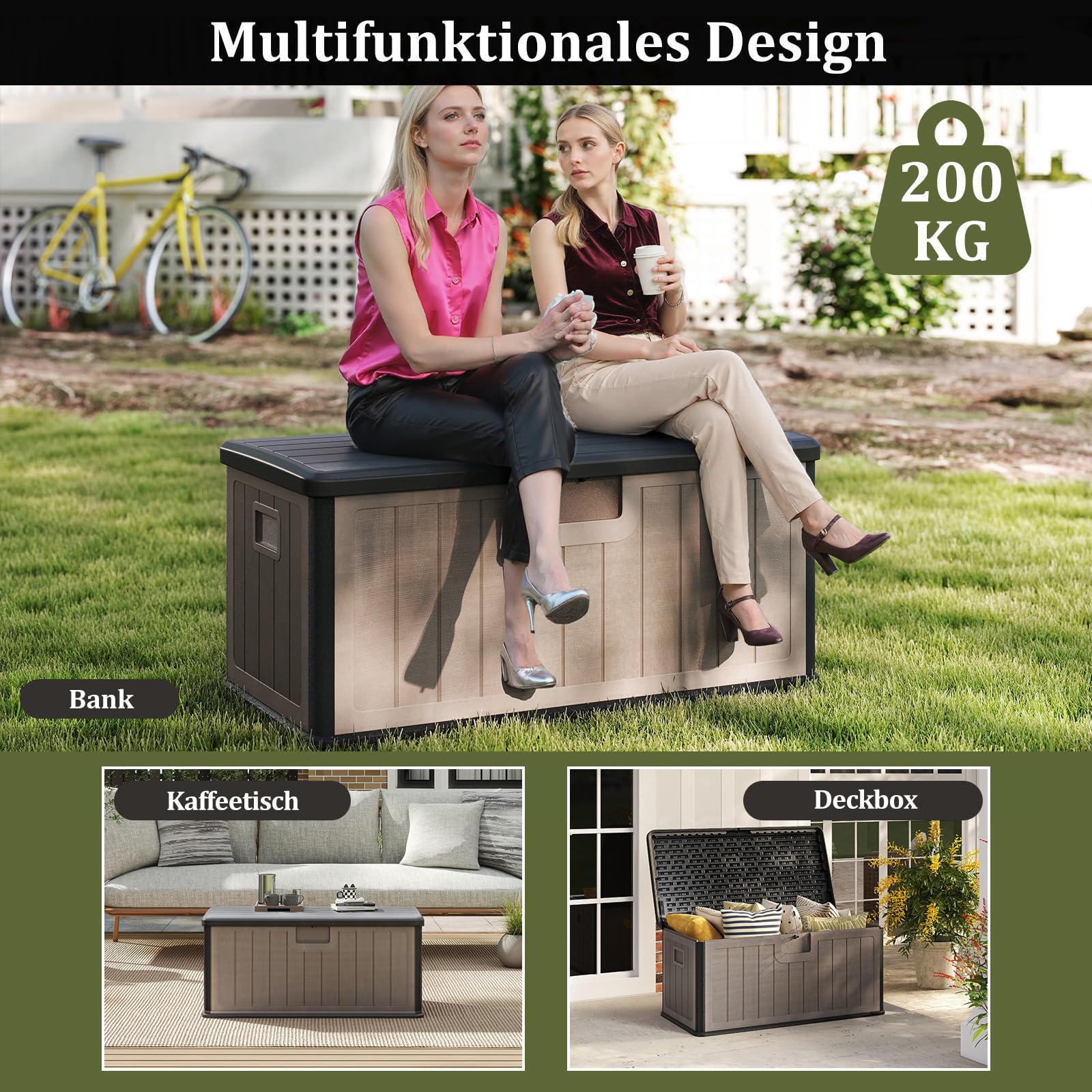 COSTWAY Gartenbox 378 L, Auflagenbox Wasserdicht für Garten mit Abschließbarem Deckel, Aufbewahrungsbox für Kissen & Gartengeräte, Kissenbox Outdoor für Terrasse, Balkon, Garten (Schwarz+Braun)