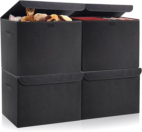 Miniatura 45 de Contenedores de Almacenamiento Plegables Apilables Grandes de 17" 42 Cuartos con Tapas [Paquete de 3] Cajas de Almacenamiento de Tela de Lino Beige