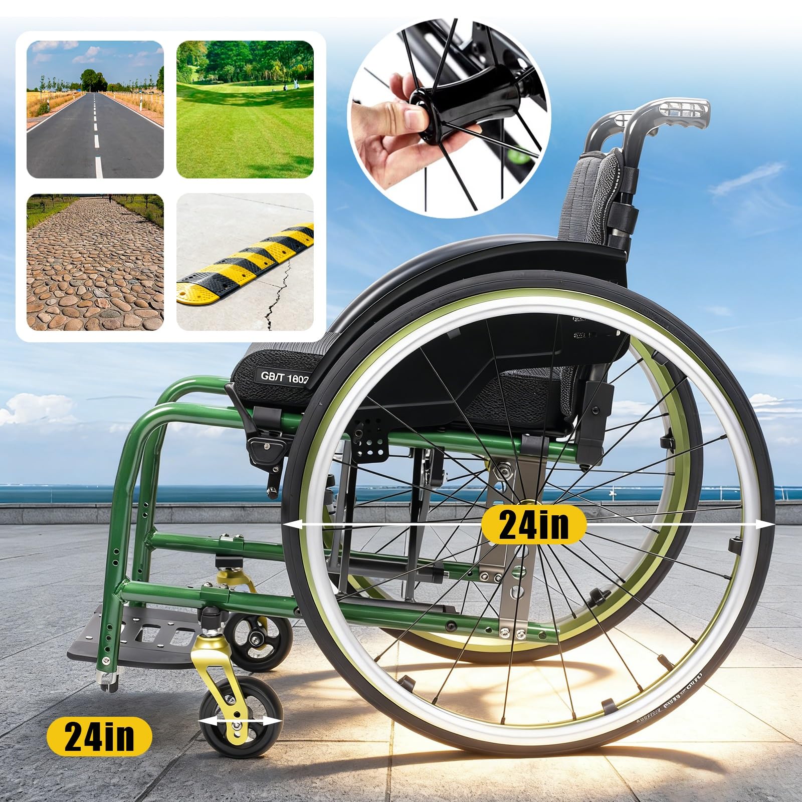 Sedia a rotelle Sportiva, in Lega di Alluminio Leggera con Freni a Mano, Ruote Posteriori a sgancio rapido, Design Pieghevole ergonomico per Il Trasporto.