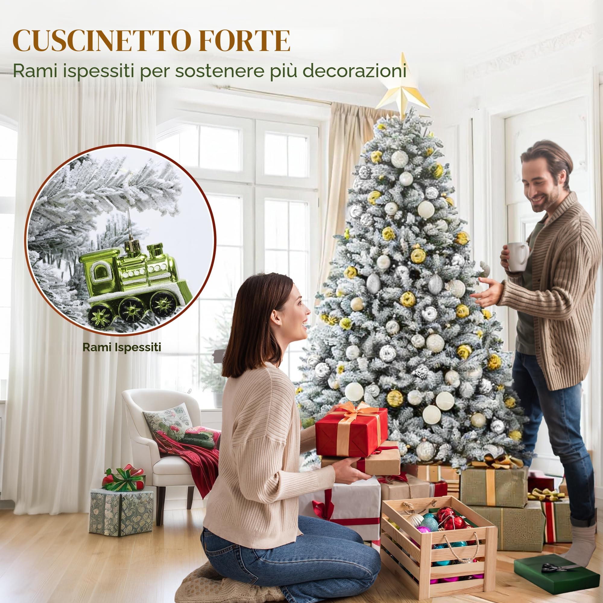 YITAHOME 229 cm, albero di Natale artificiale con neve, circa 1346 punte di abete con telaio pieghevole e supporto in metallo pieghevole, montaggio rapido per casa, ufficio, negozi, 229 x Φ115 cm