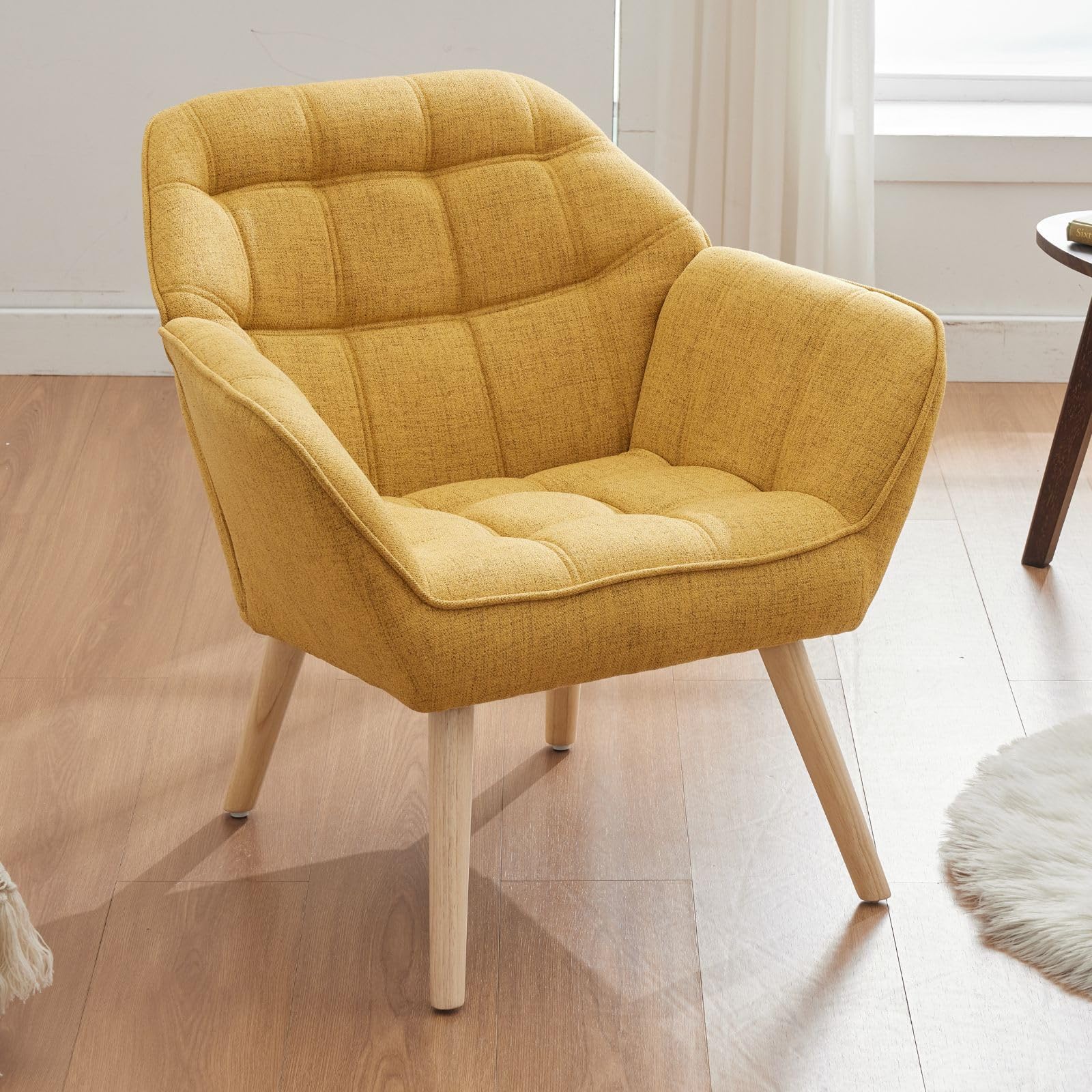Ya-Home Linen Armchair Upholstered Accent Tub Chair with Wood Legs, Leisure Single Sofa Chair for Living Room/Bedroom,Yellow