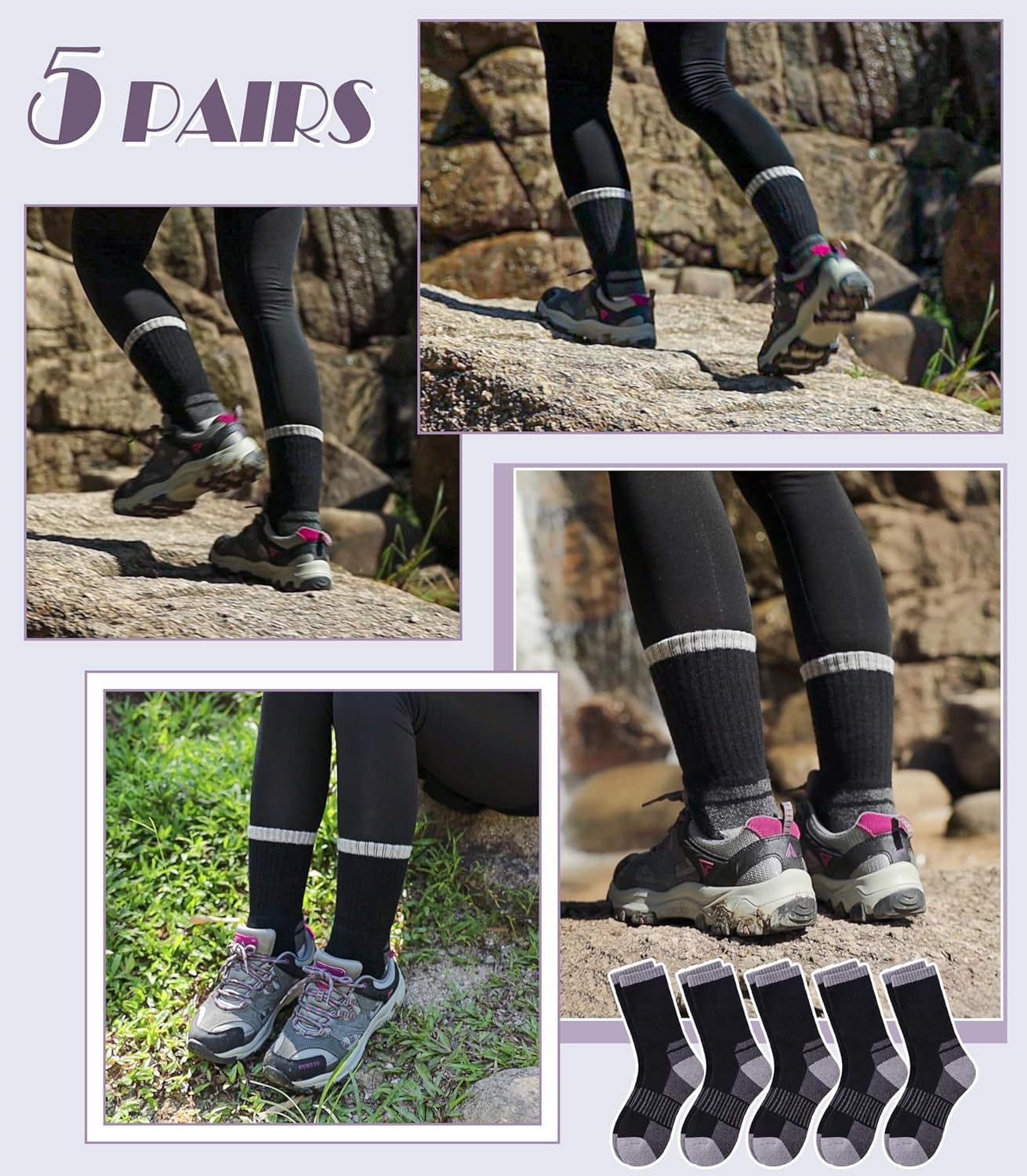 DYW Womens Merino Wool Hiking Socks Thermal Warm Winter Boot Crew Socks Cushion Work Walking Gift Socks 5 Pairs - Image 5