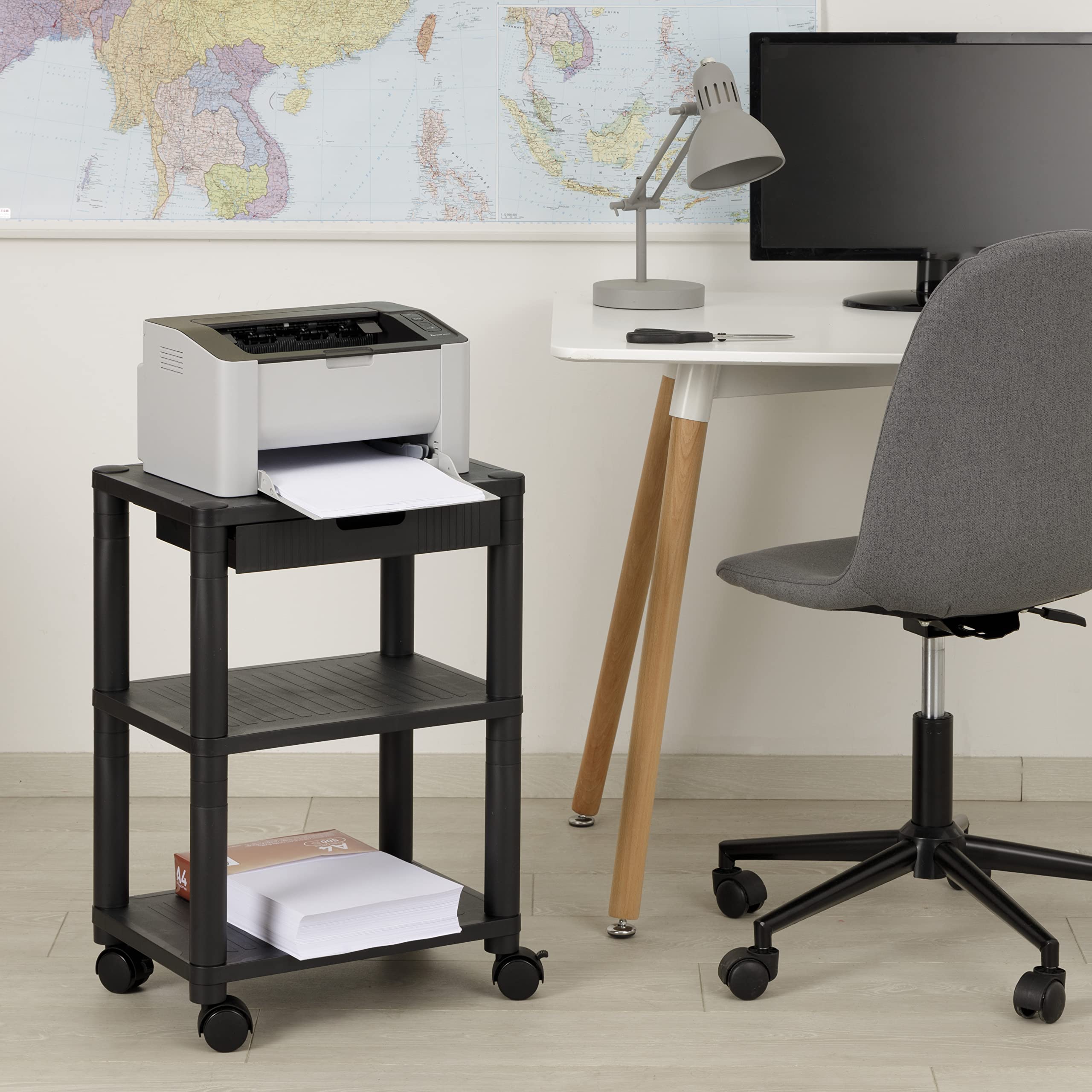 Baroni Home Mobile Ufficio con Ruote e Cassetto con Tre Ripiani, Carrello con Scaffali in Plastica, Supporto con Piano d’Appoggio per Stampante, Nero