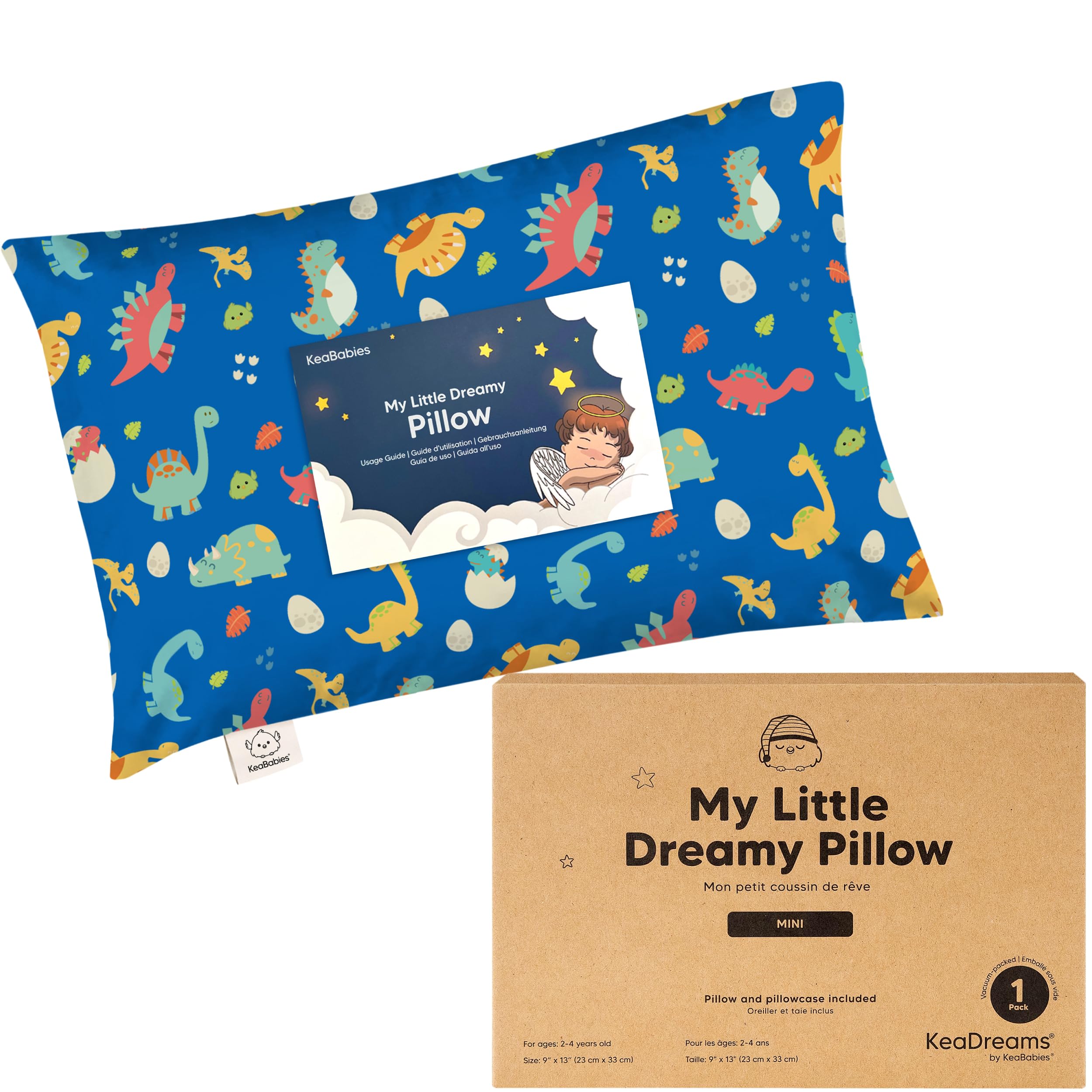 Oreiller de voyage enfants avec petite taie d'oreiller coton bio dinosaure