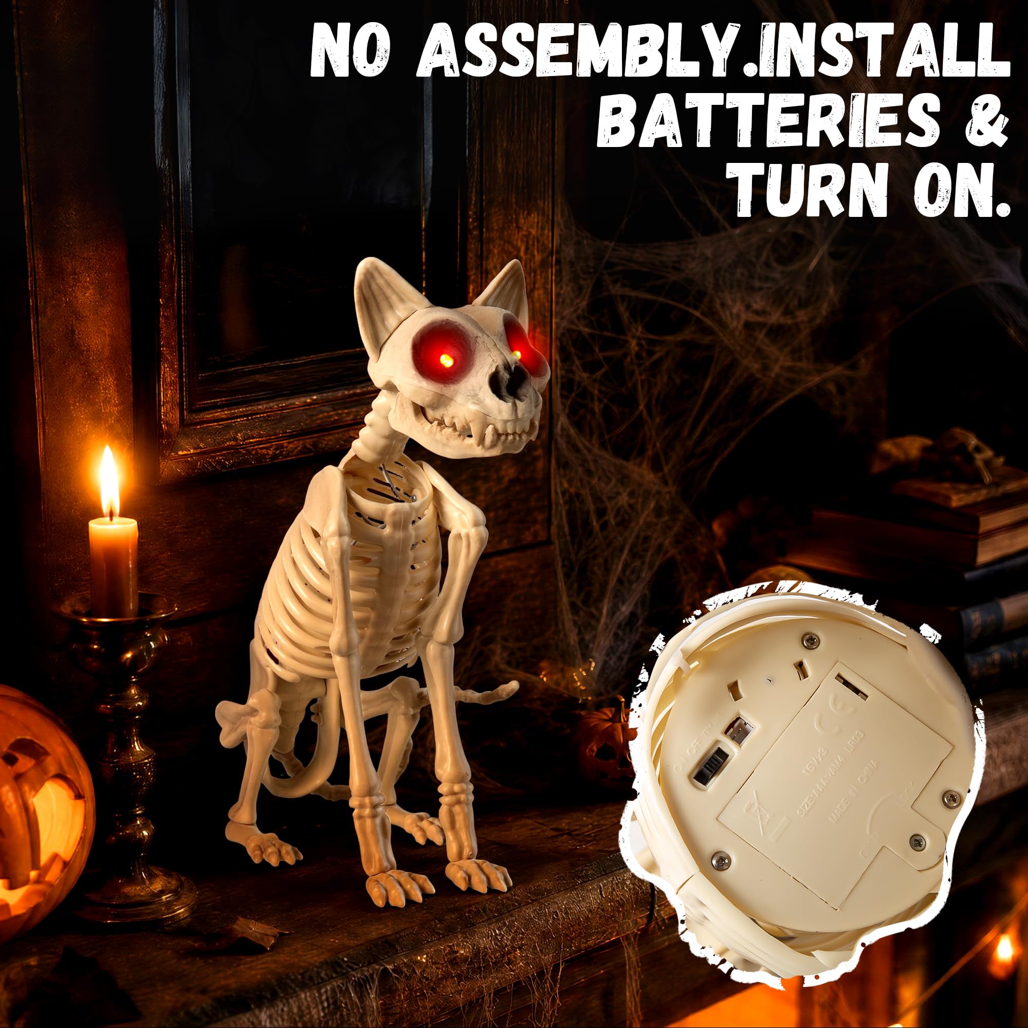 Halloween Animatronic Scheletro Gatto 38 cm, suono e tocco attivato decorazione di Halloween con mascella mobile, occhi rossi luminosi e suono spettrale, puntello animato per casa infestata, cortile
