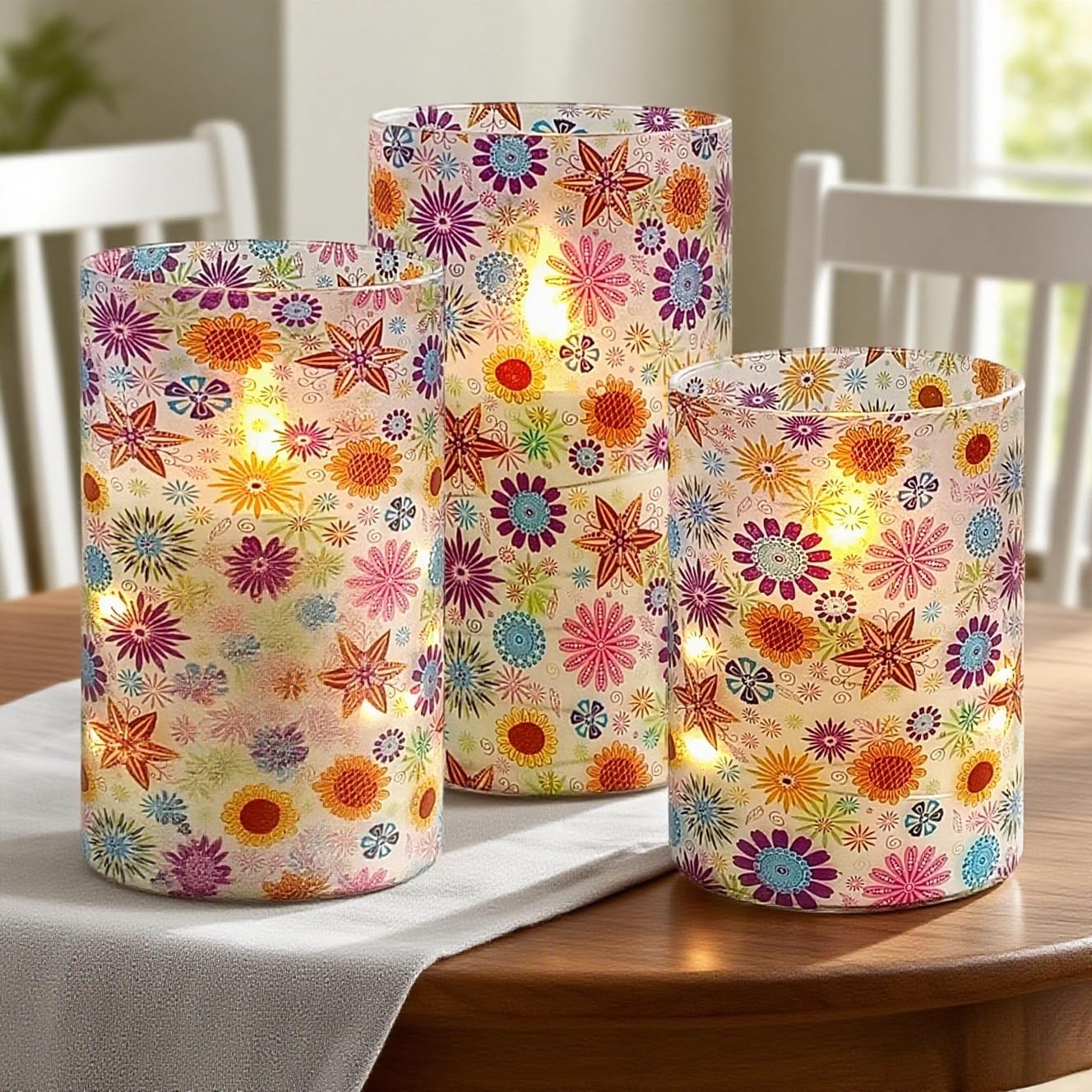 Colorful Floral Starburst Printed Flameless Candles Set of 3, 4' 5' 6' Flickering LED Candles, Battery Operated Candle, 10-Key Timer Remote for Home Decor Gift Wedding