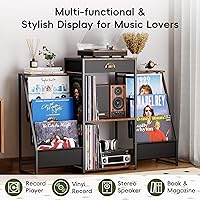 Vista 4 de Record Player Stand with Vinyl Storage – Record Table with Holder,6-Bin Vinyl Storage Rack & Drawer, Dual Side Display Shelves,Holds 200+