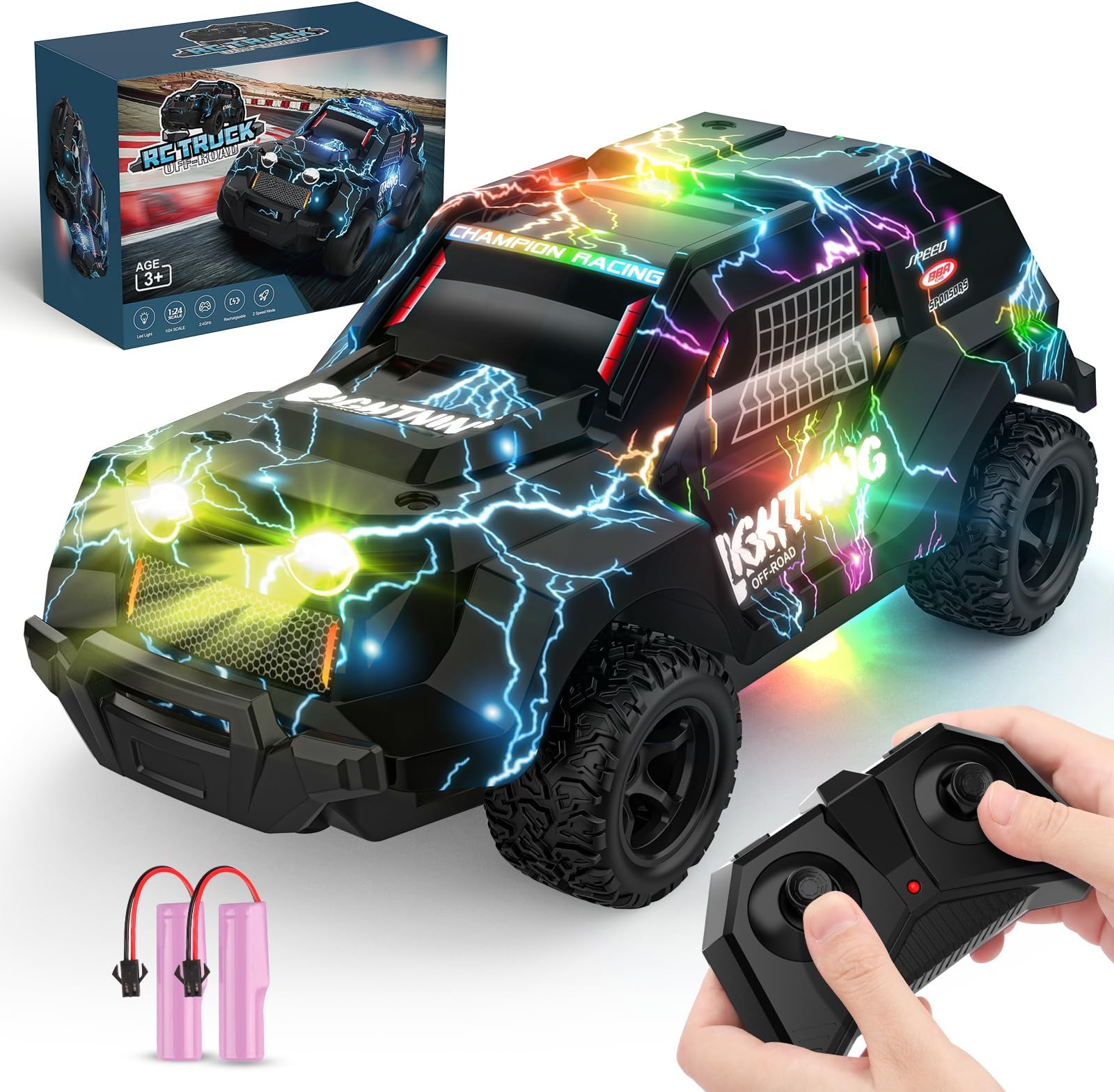 Remote Control Off Road RC Car for Kids - Cool Light Up 1/24 Scale Hobby Truck Race Car Toy Gifts for 3-8 Year Old Boys