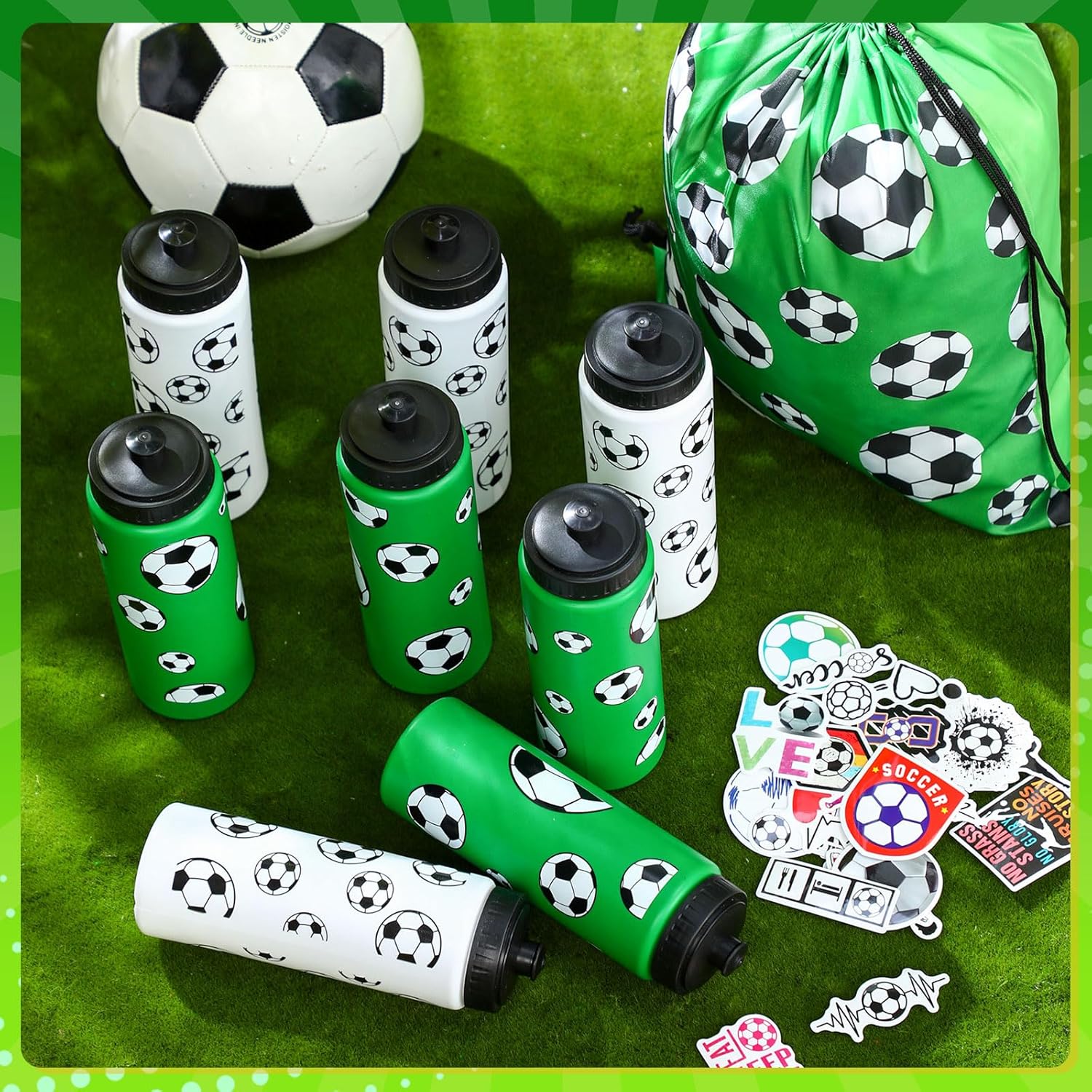 24 Pcs Soccer Water Bottles Drawstring Bag Set with 50 Sticker Soccer Party Favors 12 Reusable Sports Squeeze Water Bottles 20oz 12 Soccer Goodie Gift Bag for Soccer Team Gifts Players Gym - Image 7