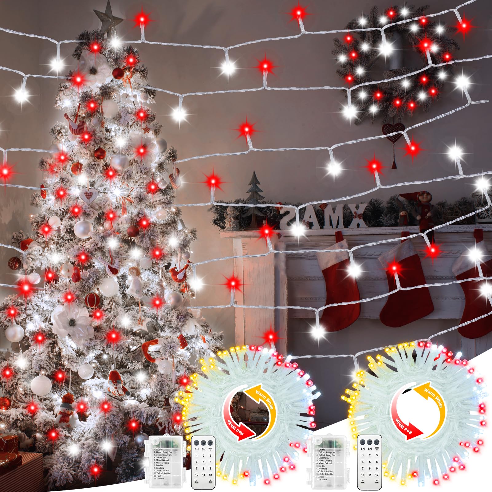 CCILAND 2 Pack Red White Christmas Tree Lights Battery Powered, 200 LED 20M Dual Color Changing Fairy Lights with Remote Timer String Lights for Christmas Holidays Party Decor โ image 1