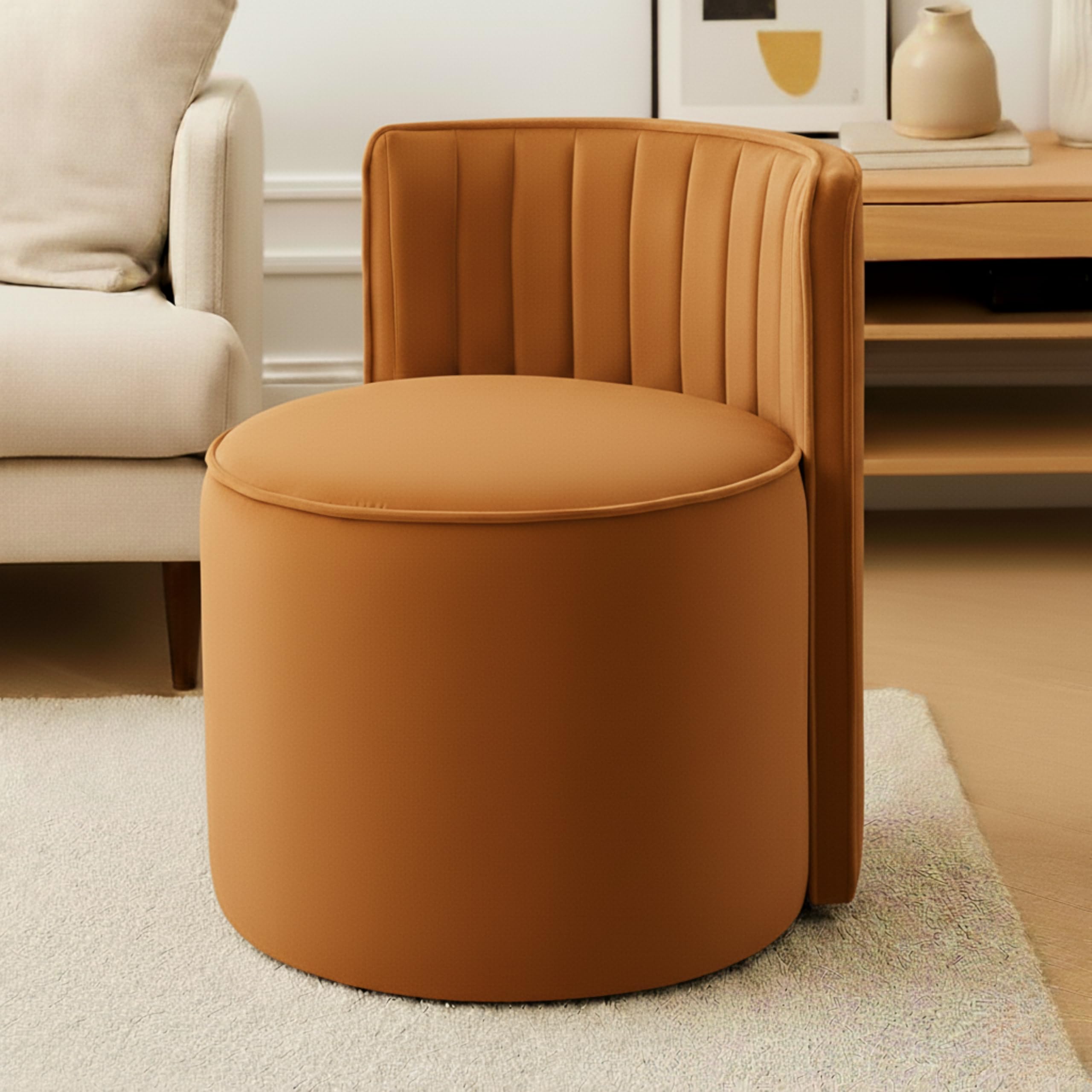 Wooden & Polyster Fabric Puffy Ottoman Stool for Living Room | Seating Pouffes for Dressing Table Sitting | Foot Rest Ottoman Dressing Table Stool for Home Décor and Office_Orange-(43)-image-23