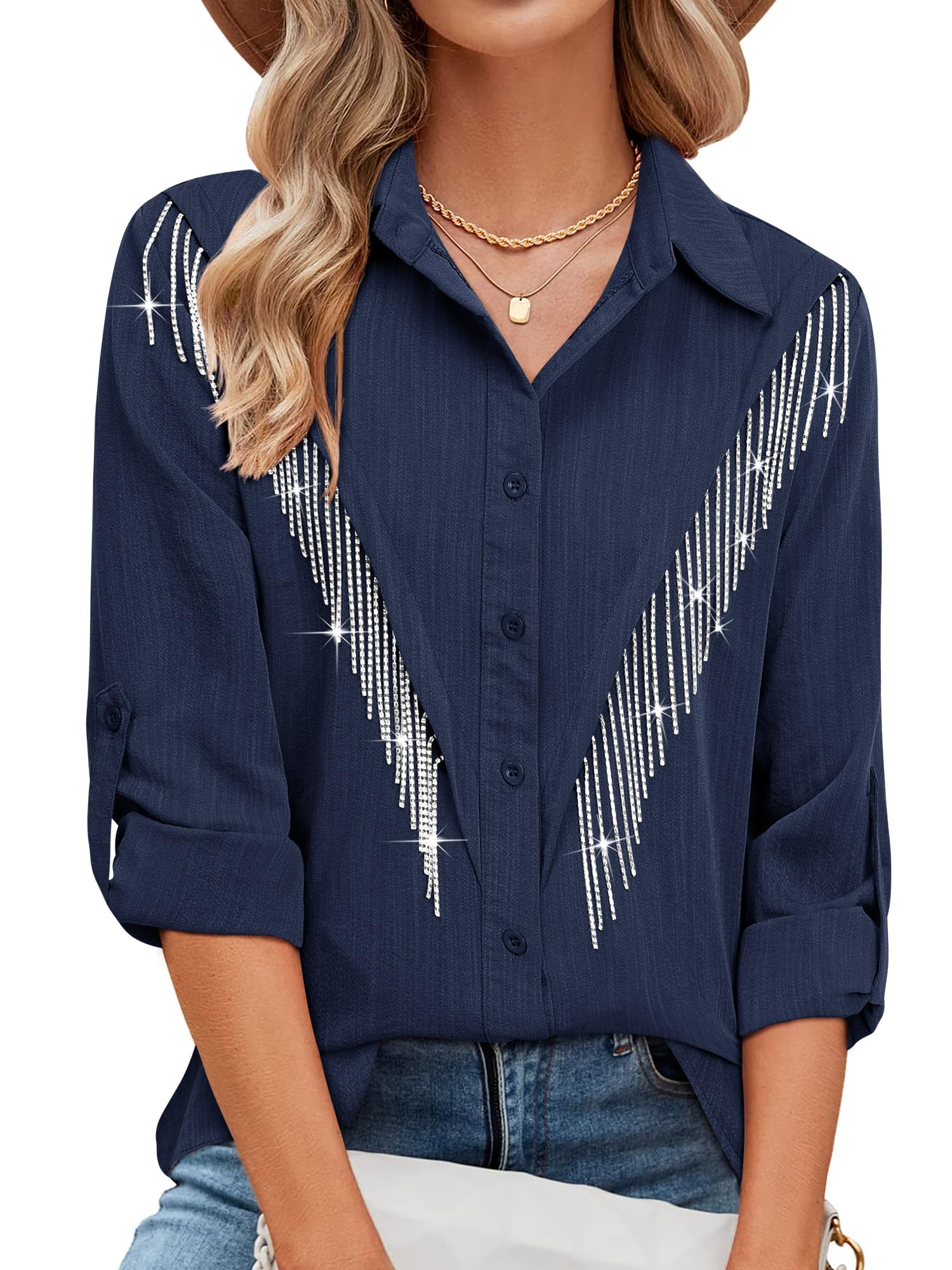 MYMOREWomens Rhinestone Fringe Button Down Shirt Rolled 3/4 Sleeve Sparkly Top Concert Nashville Western Cowgirl Outfit