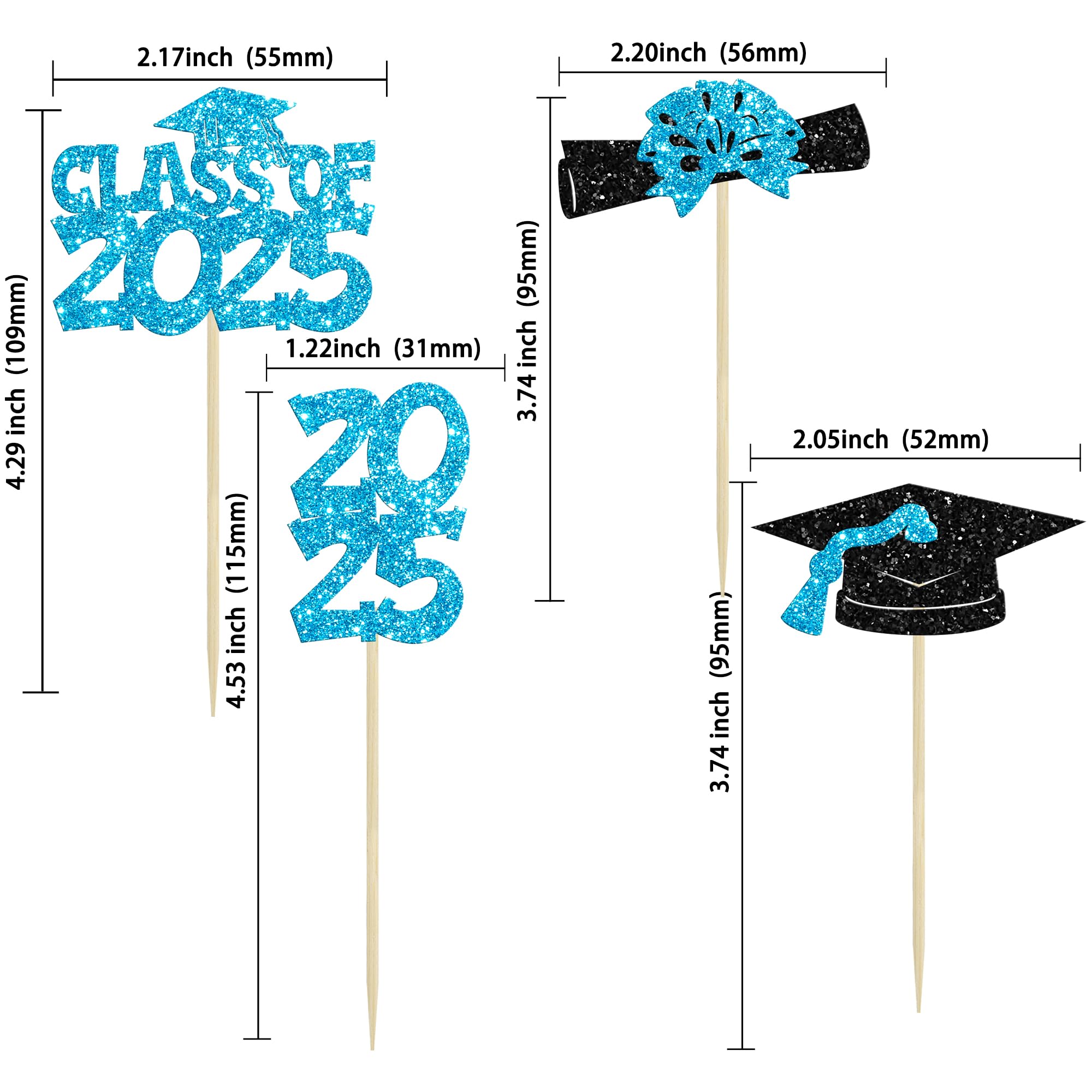 Ephlyn 36Pcs 2026 Graduation Theme Cupcake Toppers Glitter Class of 2026 Congrats Grad Diploma Graduation Cap Cupcake Picks for 2026 Graduation Theme Party Cake Decorations Supplies Lake Blue - Image 2