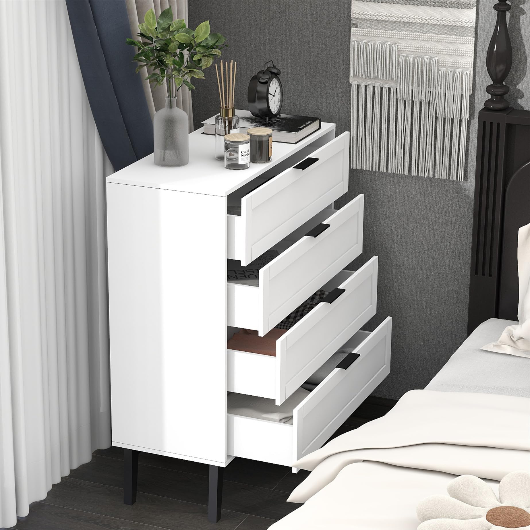 TaoHFEWhite 4 Drawer Dresser for Bedroom,Wood Lingerie Chest of Drawers for Bedroom,Modern 36inch Tall White Dresser for Bedroom Living Room, Entryway, Cloakroom