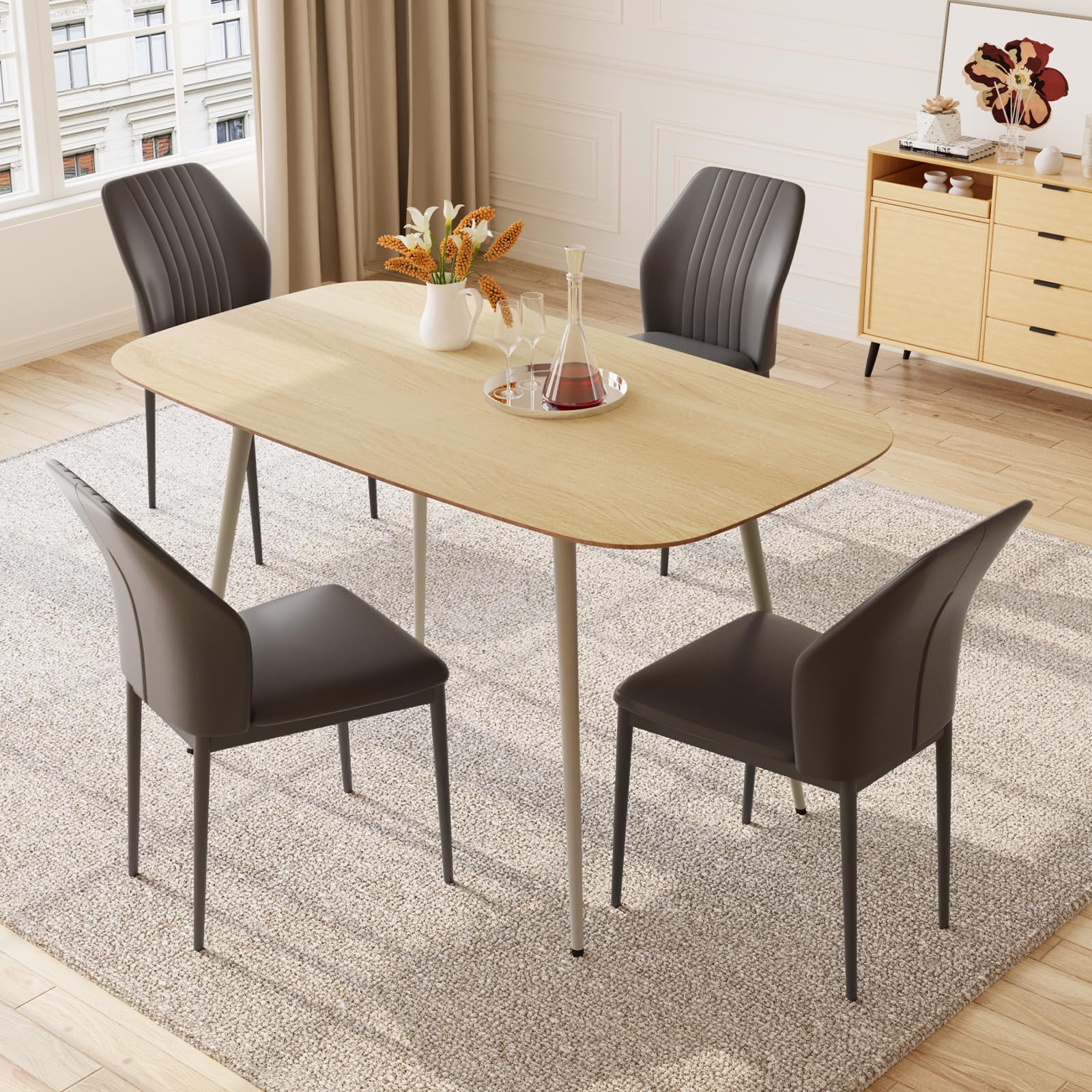JIEXI Dining Table and Chairs set 4, Kitchen Table 140cm MDF with Metal Legs for Living Room & Dining Room Restaurant, Apartments（Crean Table+4 Black Chairs）