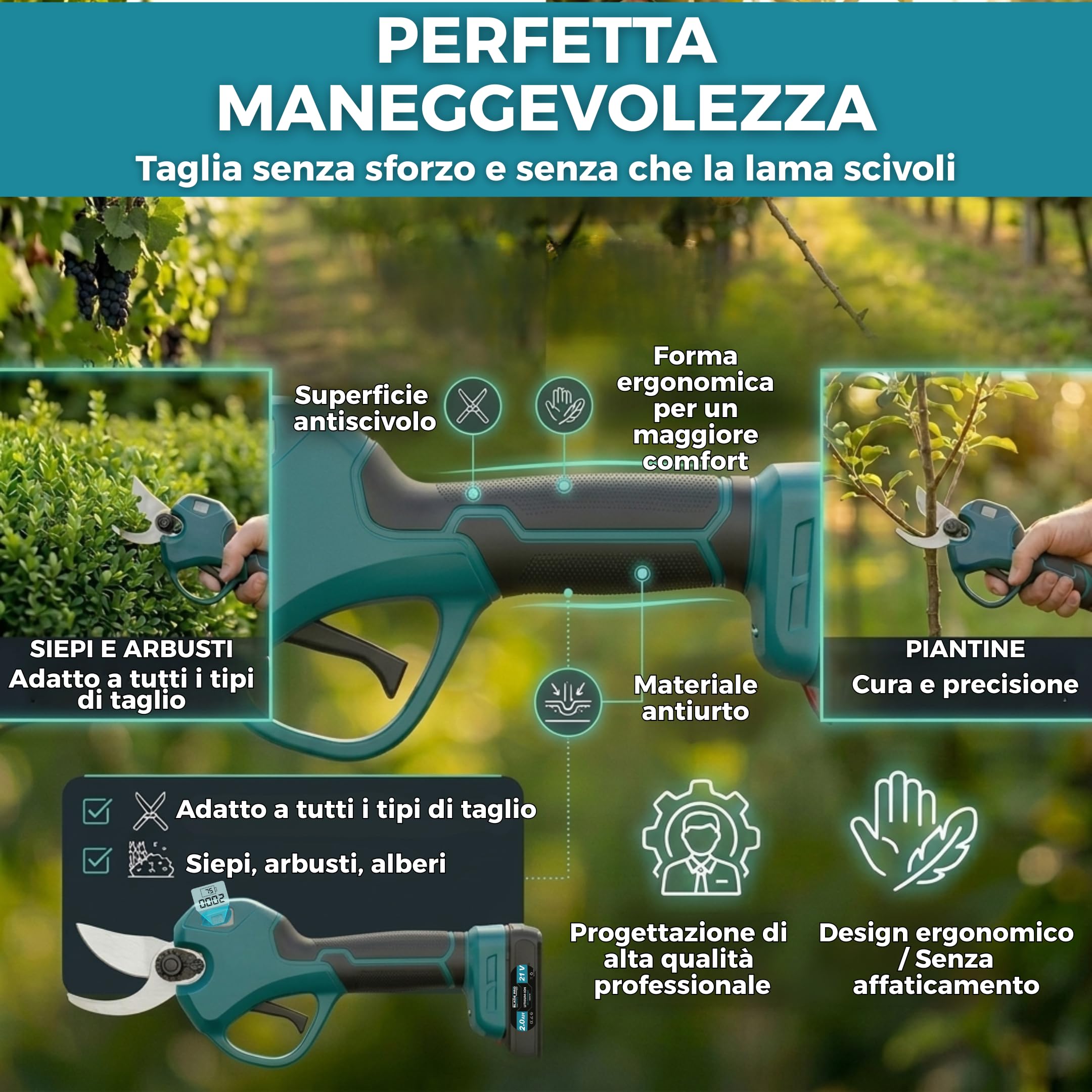 Forbici da Potatura a Batteria 21V, Motore Brushless 800W, Taglio 40mm - Lama SK5, 2 Batterie 2.0Ah Incluse, Display LCD - per Ulivo, Vite e Frutteto - BLADE PRO