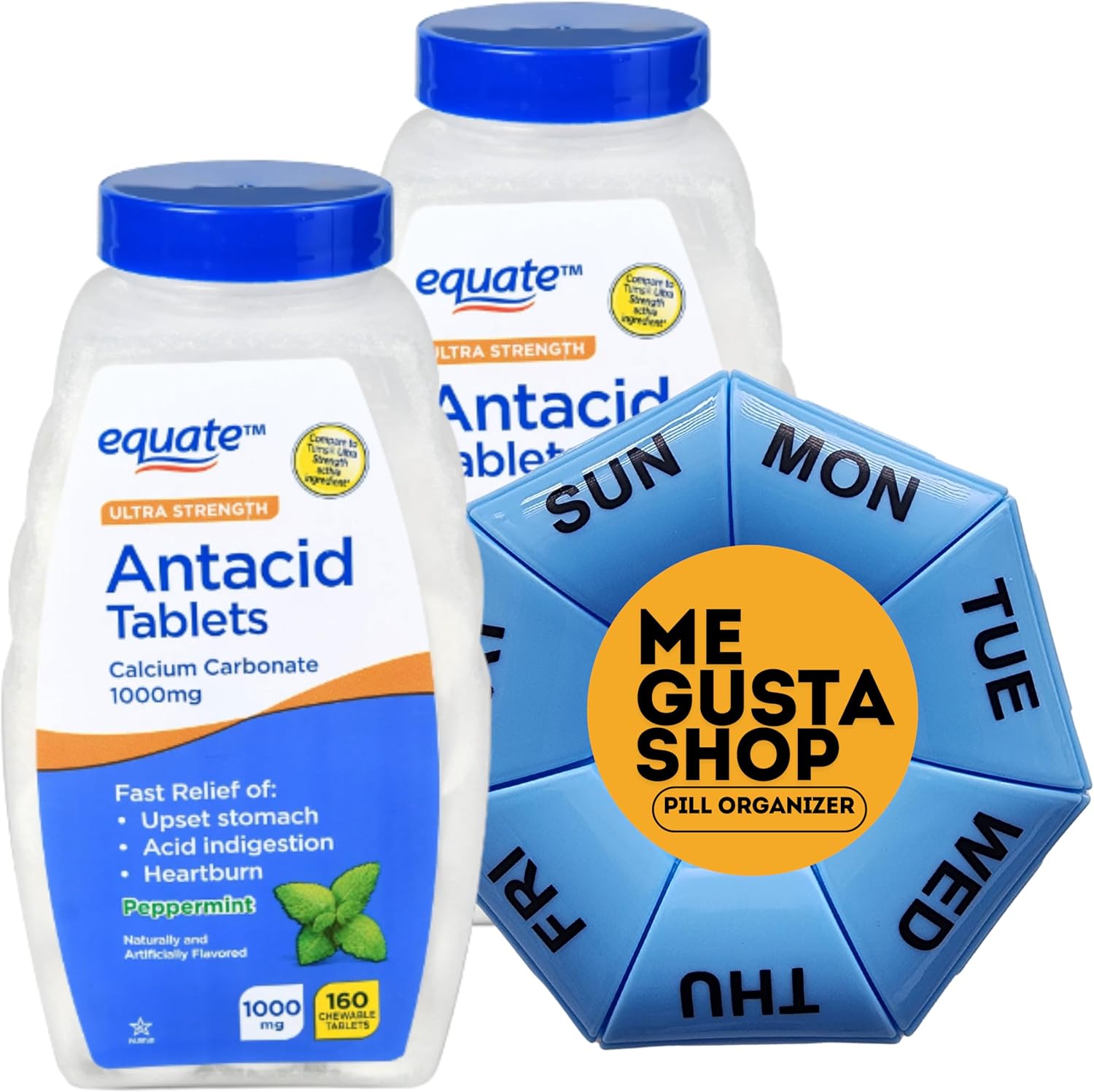 Equate Ultra Strength - Tabletas masticables antiácidos de menta, 1000 mg, 160 unidades (paquete de 02) 320 en total + adhesivo Me Gustas
