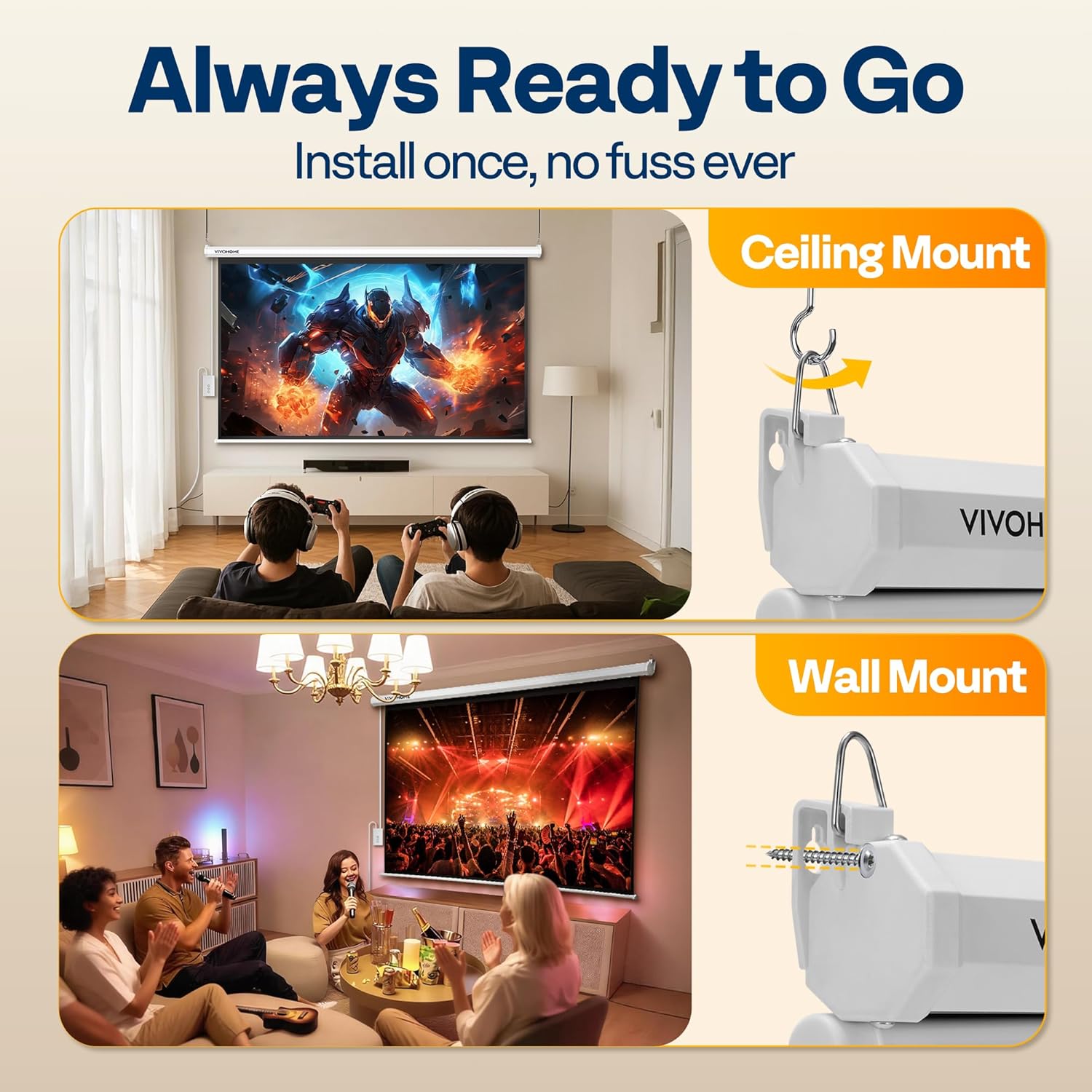 VIVOHOME Motorized Projector Screen with Remote, 16:9 84 Inch Auto Electric Projection Screen, HD 4K Movie Screen for Home Theater, Cinema, Office (73 x 41 White)