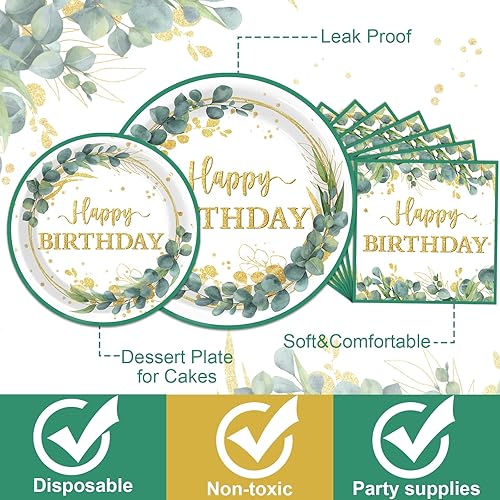 Miniatura 3 de Juego de vajilla de 96 piezas con temática de eucalipto para fiestas temáticas de cumpleaños, decoración de fiesta de cumpleaños de hojas verdes,