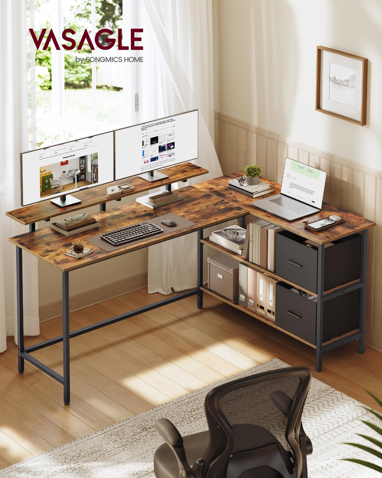 VASAGLE Escritorio en Forma de L, Esquinero, con 2 Amplios Cajones, Mesa con Soporte para Monitor, para Esquina, con Estante Ajustable, para Oficina Casa, 155 x 105 cm, Marrón Rústico LWD129K101