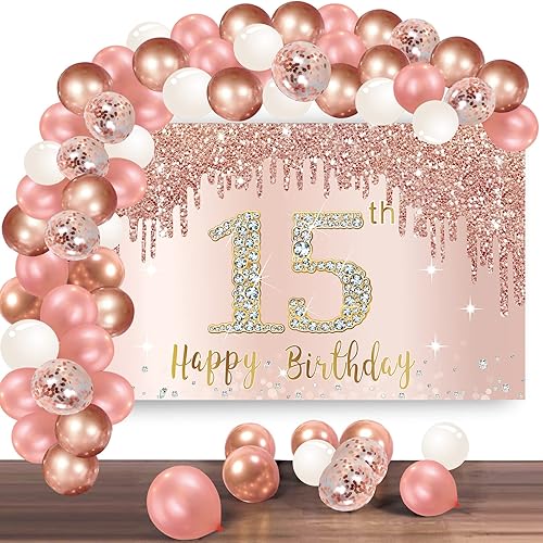 Cartel de feliz cumpleaños número 15 con arco de guirnalda de globos de confeti, juego de globos de cumpleaños de 15 años color oro rosa para niñas,