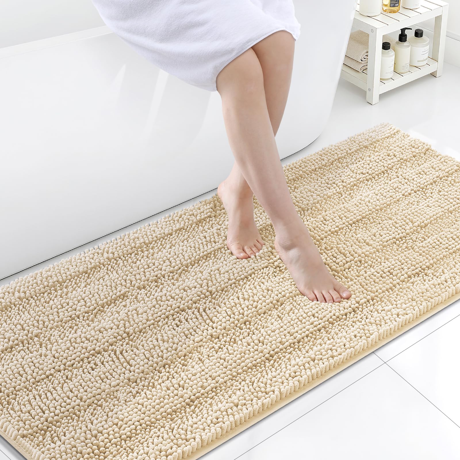 Grandaily Chenille Bathroom Rugs 59x24, Soft Bath Mats, Light Beige