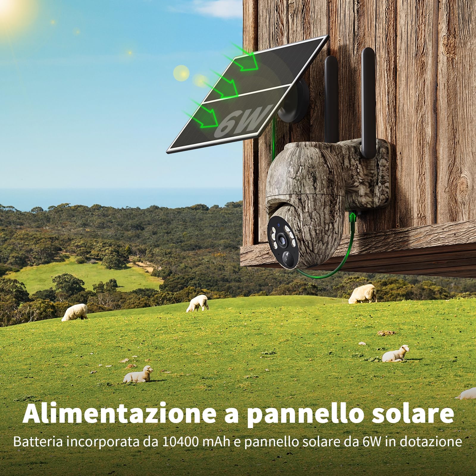 Fotocamera da Caccia 4G con SIM, 2K Telecamera Esterna con Pannello Solare e APP, 360° PTZ Fototrappola Infrarossi Invisibili, Visione Notturna a Colori, Audio a 2 Vie, Rilevamento Animali, IP66