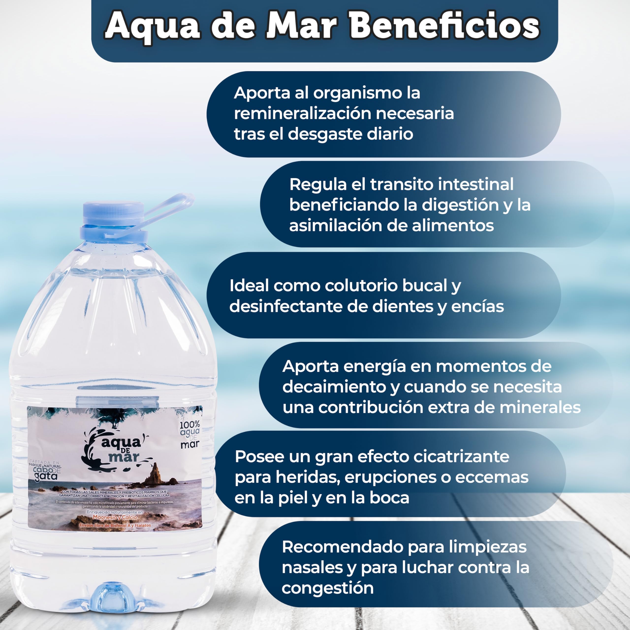 Eau de mer hypertonique 5 litres - Récipient plastique sans bisphénol A et phtalates - Aqua de mer - Multiples avantages - Captée dans le parc naturel de Cabo de Gata - Eau de mer à boire - Vizmaraqua