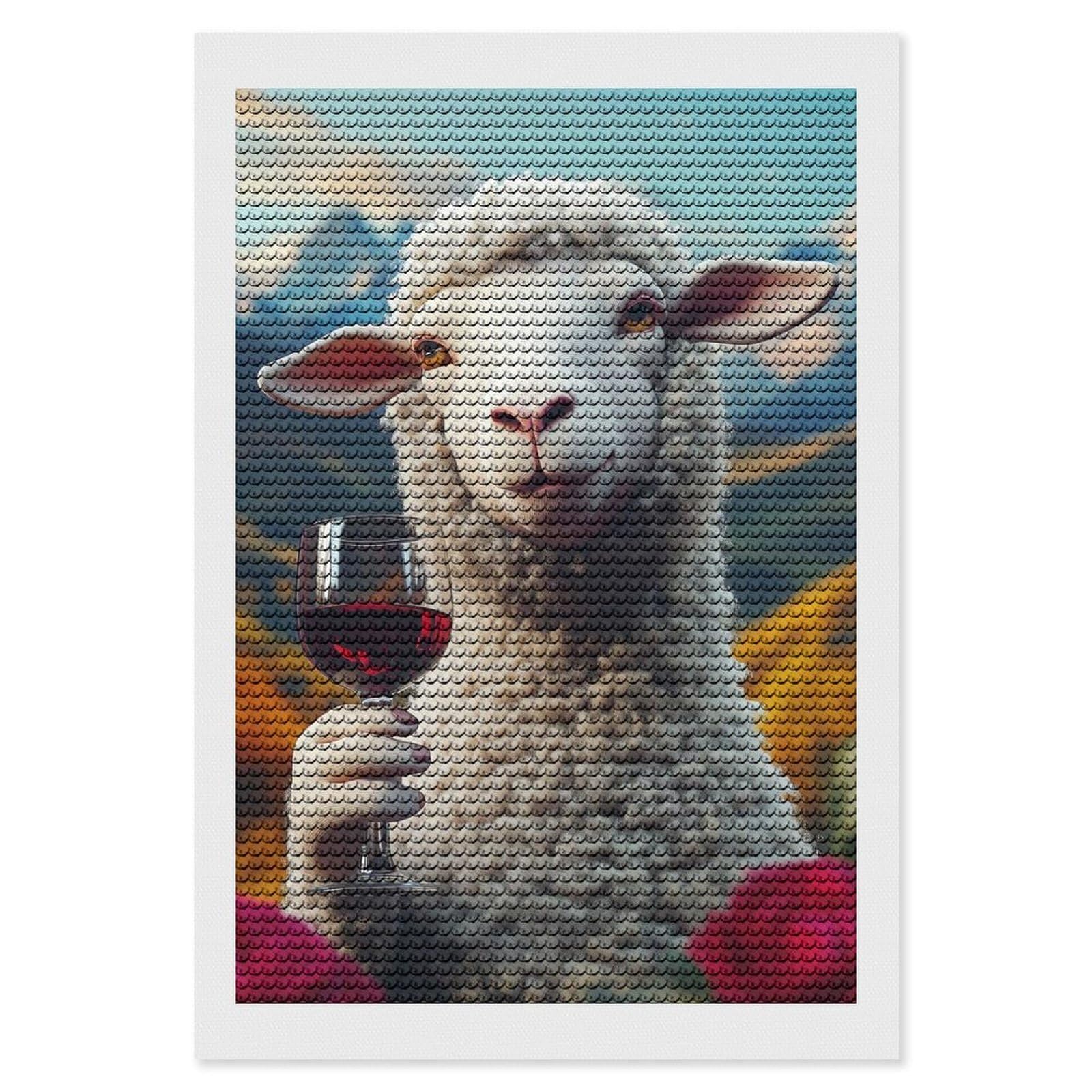 Junmoney Sheep with Wine Funny Meme Diamond Art Canvas 8"x12", Easy Handmade Project, Complete Accessories, Bedroom Decor, Birthday Gift