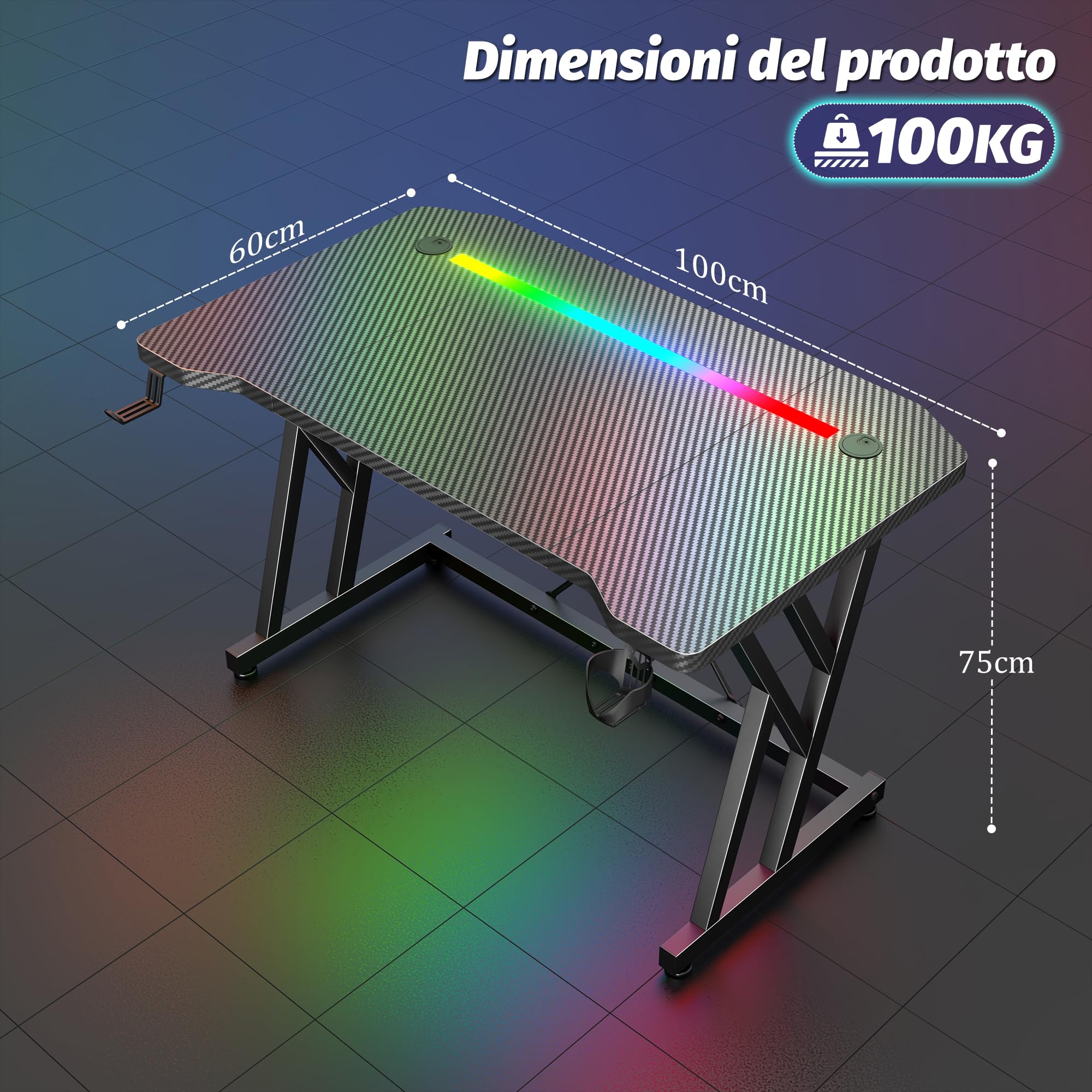 Scrivania Gaming LED 100x60cm, Tavolo Computer con Banda RGB, Tavolo Gaming Ergonomica, Gamer con Superficie in Fibra Carbonio, Scrivania per Computer con Porta Tazza e Gancio per Cuffie, Nero