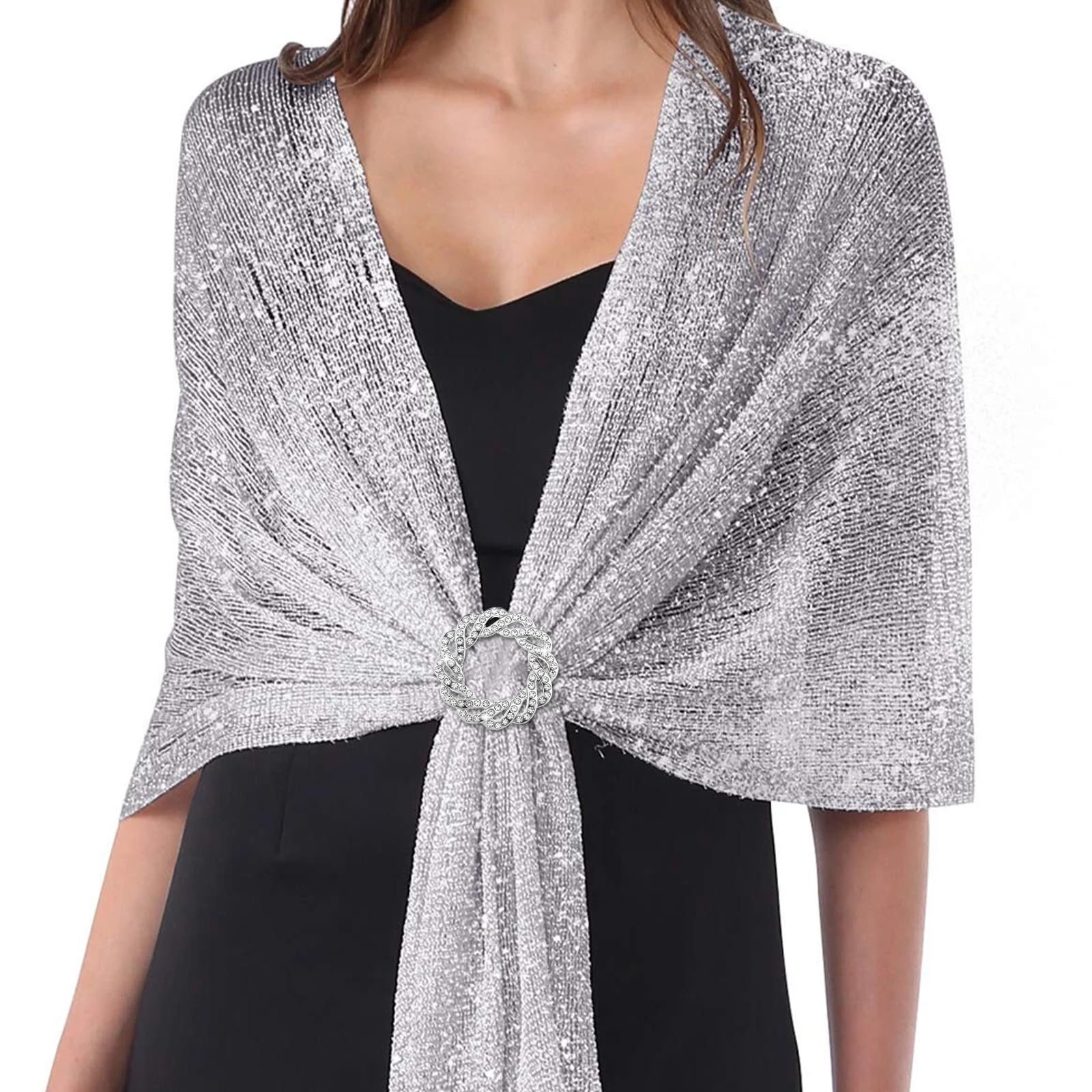 Scialli e involucri da donna per abiti da sera con glitter, scialli con frange, mantello da sposa per sposa e damigella d'onore, argento