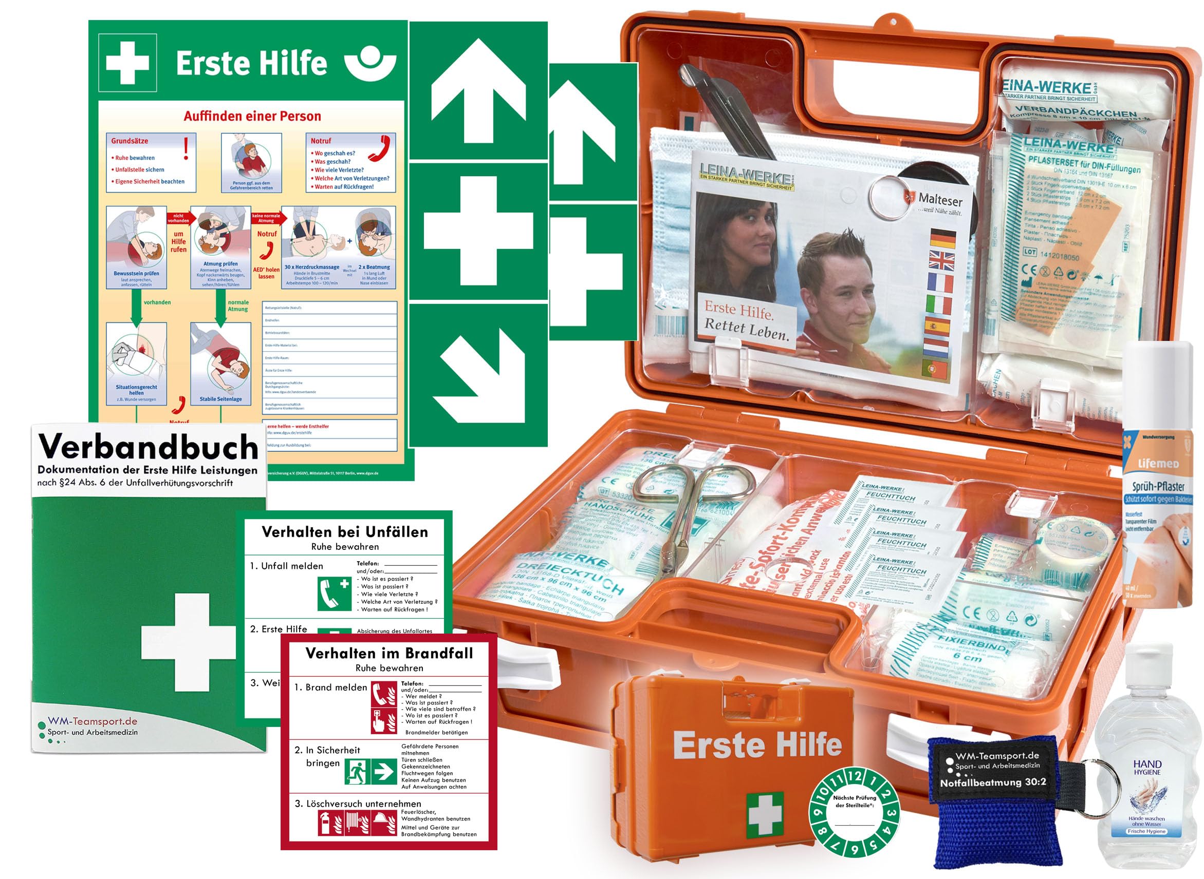Erste-Hilfe-Koffer M5 QUICK für Betriebe mit aktueller DIN/EN 13157 - KOMPLETTPAKET- inkl. Notfallbeatmungshilfe + Sprühpflaster + Hygiene-Gel