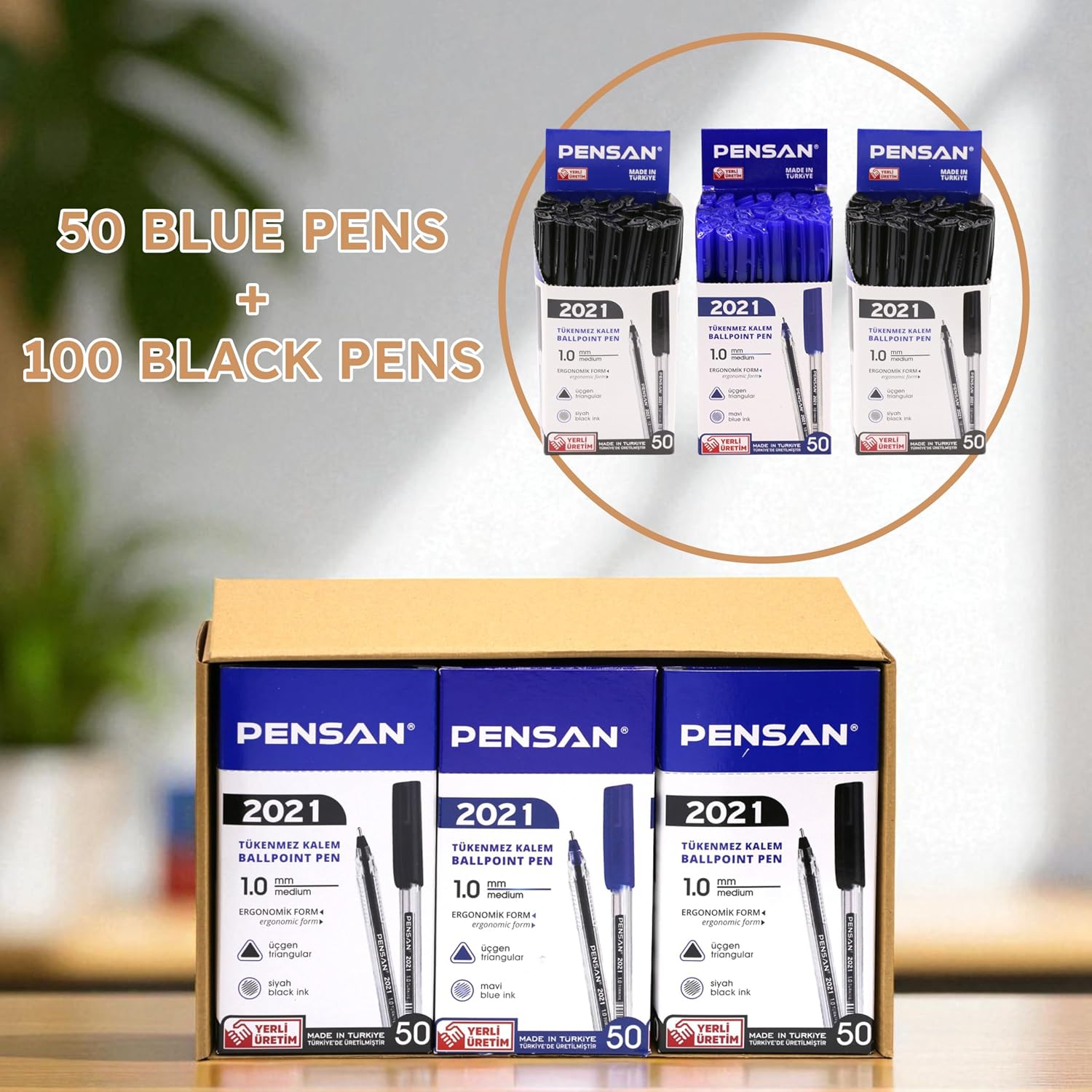 PENSAN Ballpoint Pens Bulk Pack, 150-Count – (100 Black & 50 Blue) Ink Pens, 1.0mm Medium Point, Ergonomic Triangle Grip, Smooth Writing