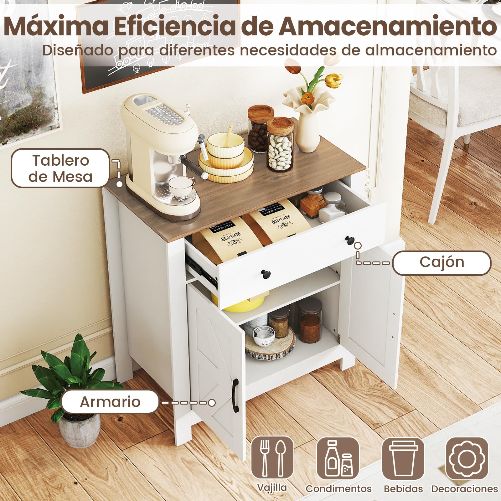 COSTWAY Mueble Auxiliar de Cocina, 76 x 40 x 85 cm, Aparador de Entrada Bajo con 1 Cajón, 2 Puertas y Estante Ajustable, Armario de Almacenamiento para Cocina, Salón, Entrada, Blanco y Natural