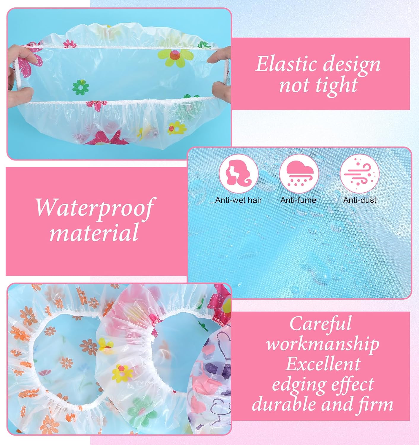 4 Pcs Shower Hat, Reusable Waterproof Shower Cap, PE Hair Protection Hat with Elastic Edging, Keep Hair Dry for Bathing, SPA, Salon, Home Use and Travel