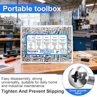 333PCS Machine Screws Nuts and Bolts Assortment Kit, Stainless Steel Bolts 9 Sizes M3 M4 M5 M6 Phillips Pan Head Hardware Screws Assortment Kit, Assorted Bolts, Nuts and Washers Kit