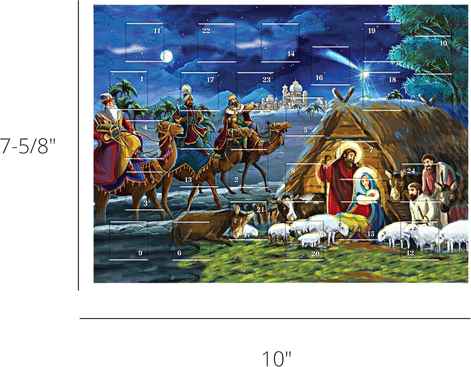 Needzo Religious Advent Calendar Countdown to Christmas Tracker, Traditional Nativity Scene Full Color Artwork, 24 Door Tabs Fun Educational Christian Activity for Boys and Girls