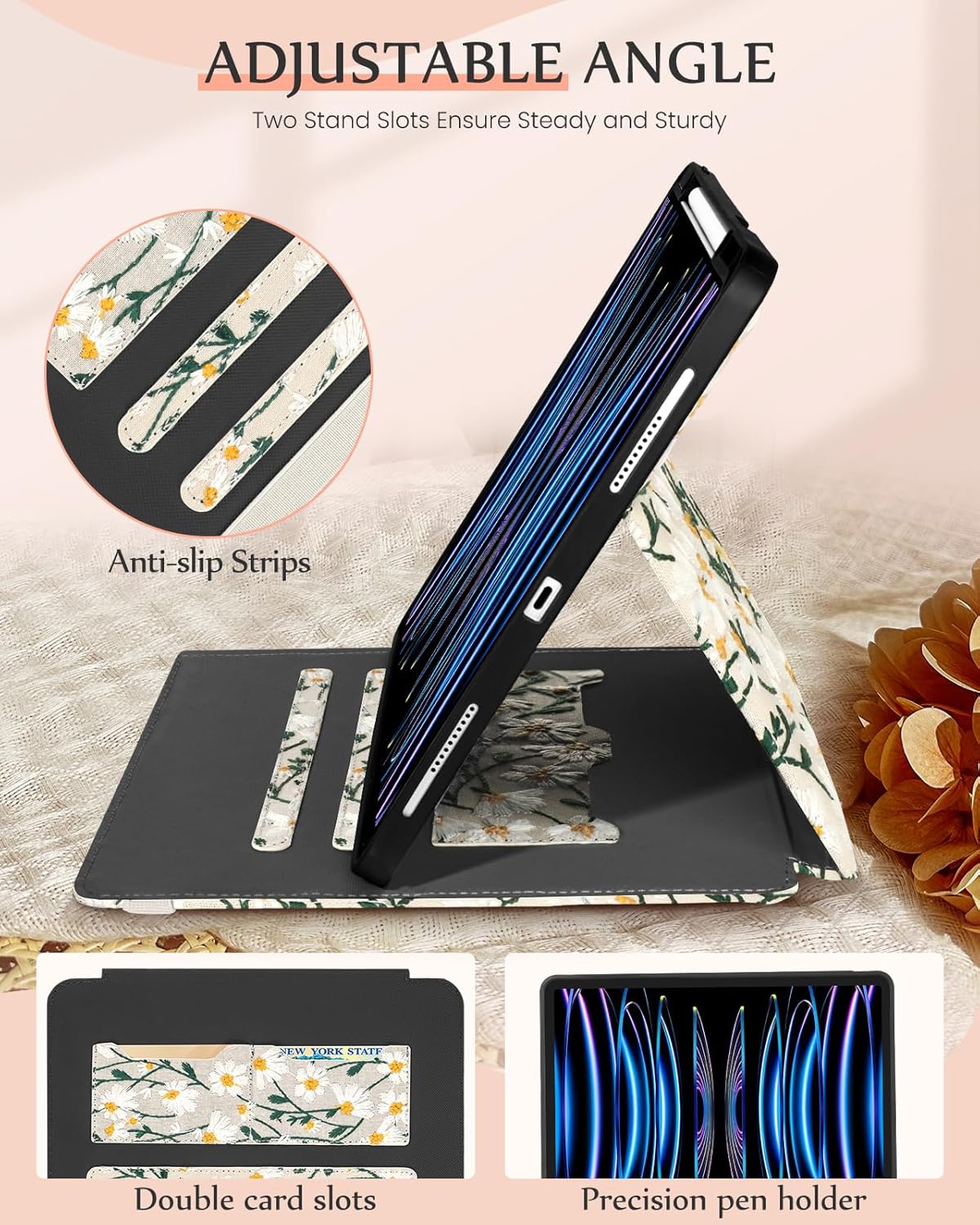 for iPad Air 13 Inch Case M3 2025/M2 2024, for iPad Pro 12.9 Case 6th/5th/4th/3rd Gen - Women Girls Cute Embroidered Folio Stand Cover with Pencil Holder & Card Slot Girly White Daisy Flowers - Image 4