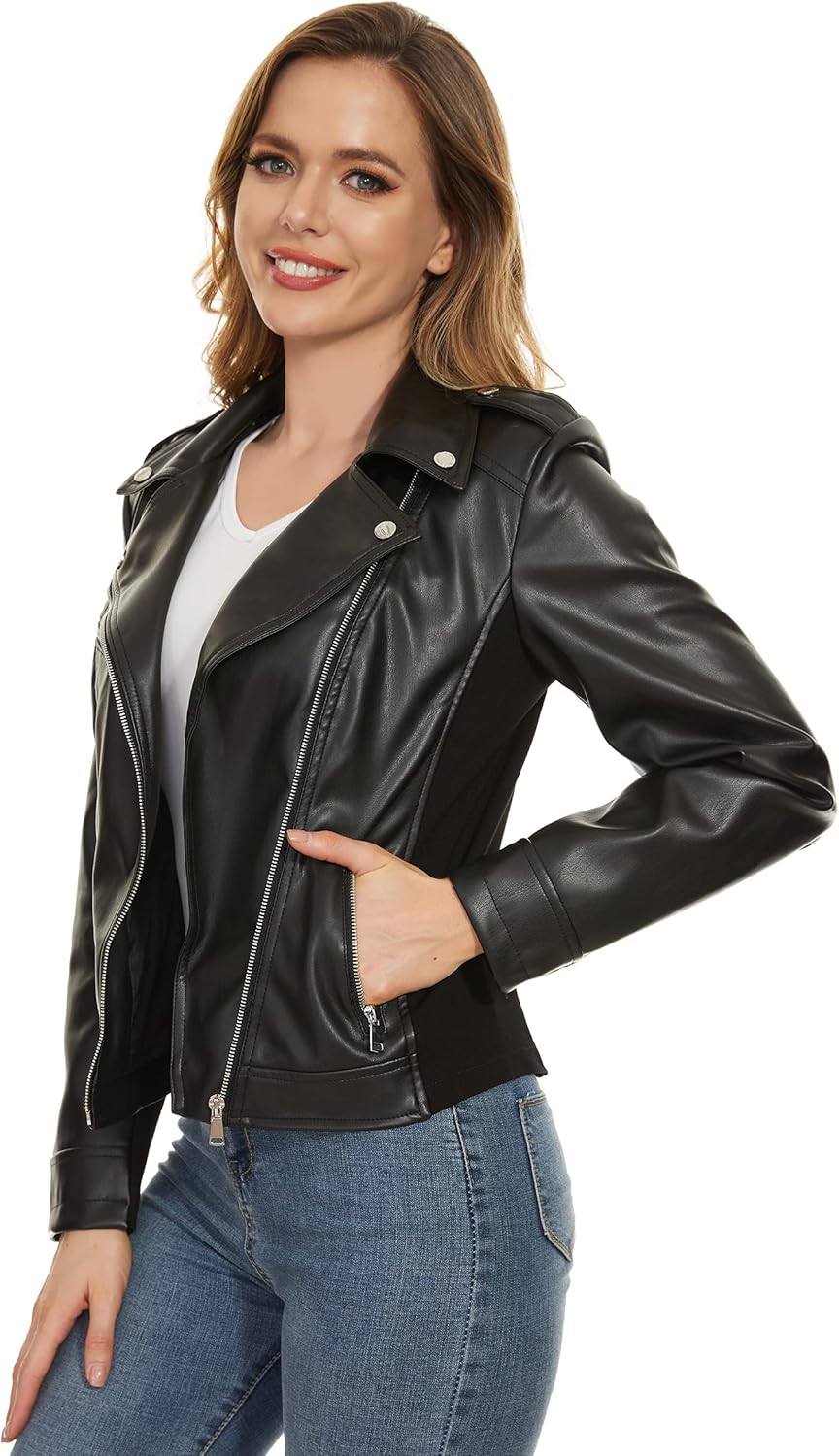 Fahsyee Faux Leather Jacket for Women, Vegan Jackets Moto Biker Motocycle Coat - Image 4