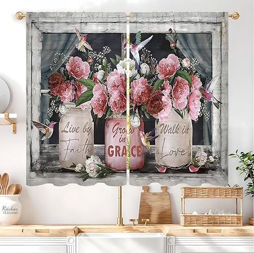 Miniatura 2 de Rusitc - Cortinas de cocina de 27.5 pulgadas de ancho x 39 pulgadas de largo, 2 paneles con bolsillo para barra, flores rosas claras, estilo