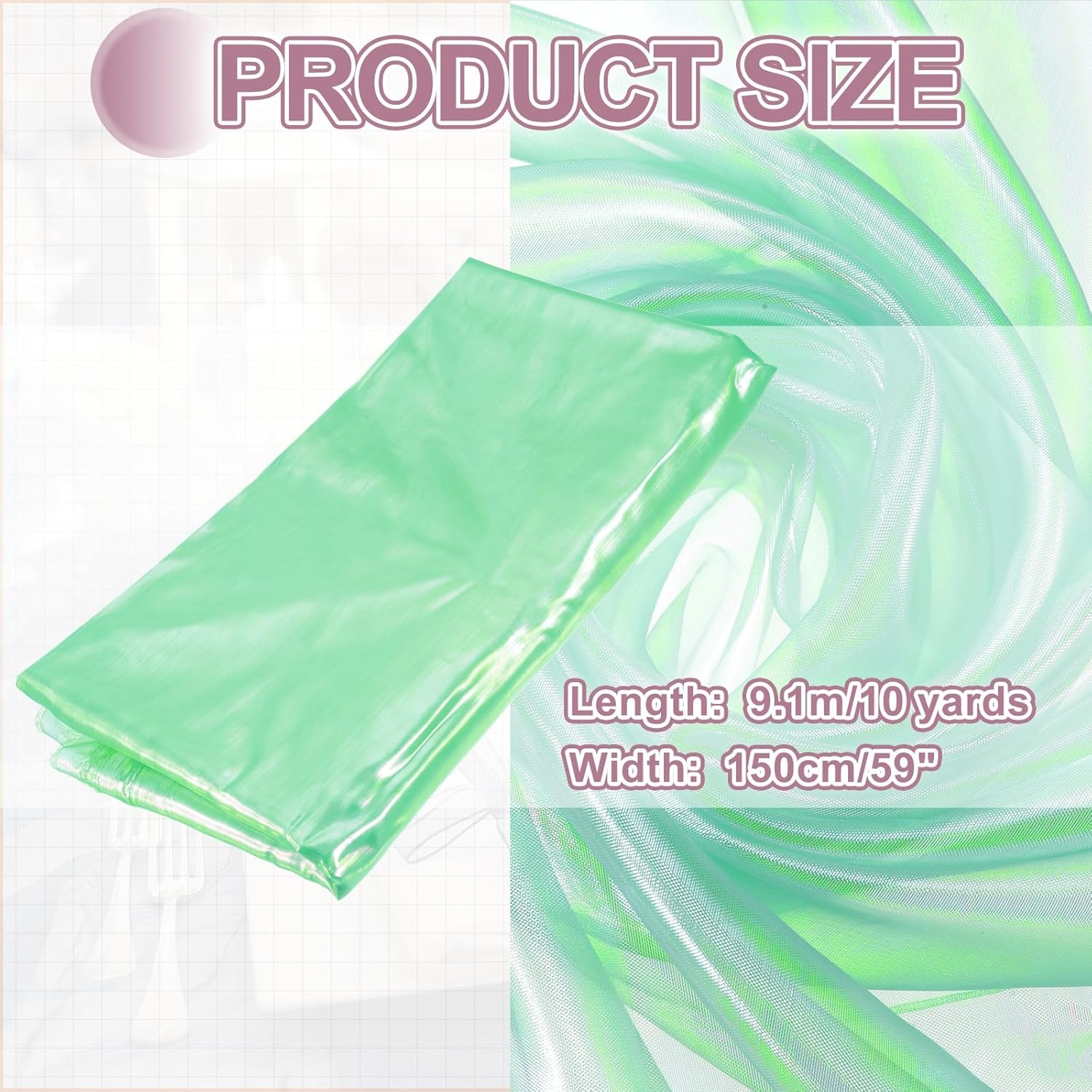 MECCANIXITY Iridescent Sheer Organza Fabric, 10 Yards x 59 Inches Solid Laser Holographic Shiny Fabric Organza Cloth for Wedding, Curtains, Costume, Photography Background, Green