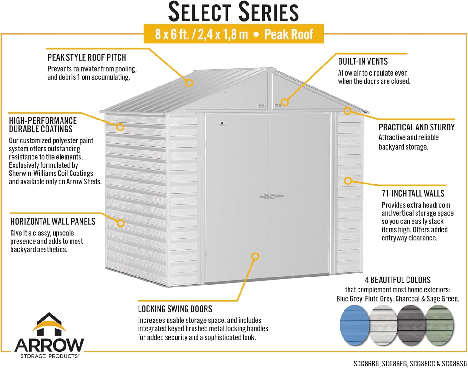 Diagram illustrating key features of the Arrow Select Series shed.