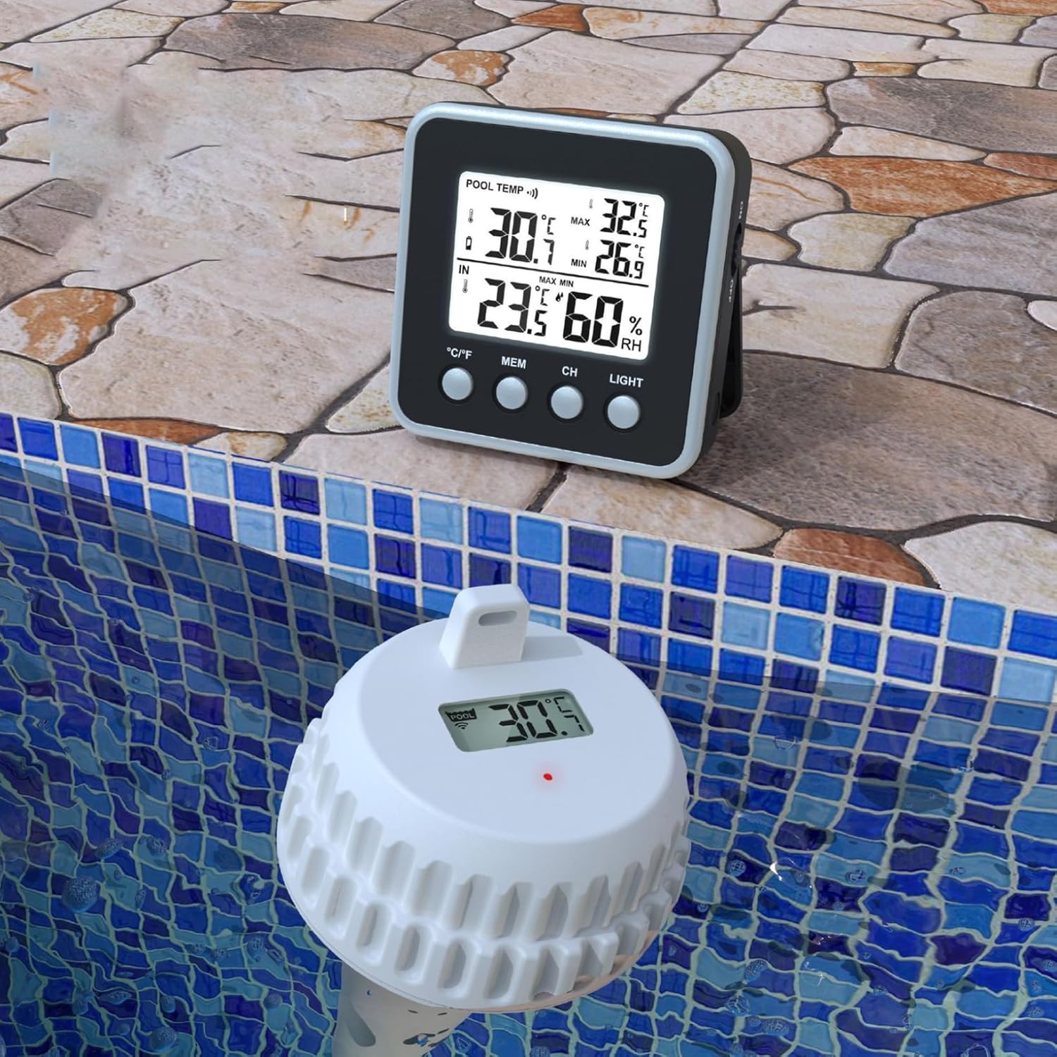 Wireless Floating Pool Thermometer, Waterproof Floating Digital Thermometer with Indoor Display for Spa, Plunge Pool, Aquarium & Pond
