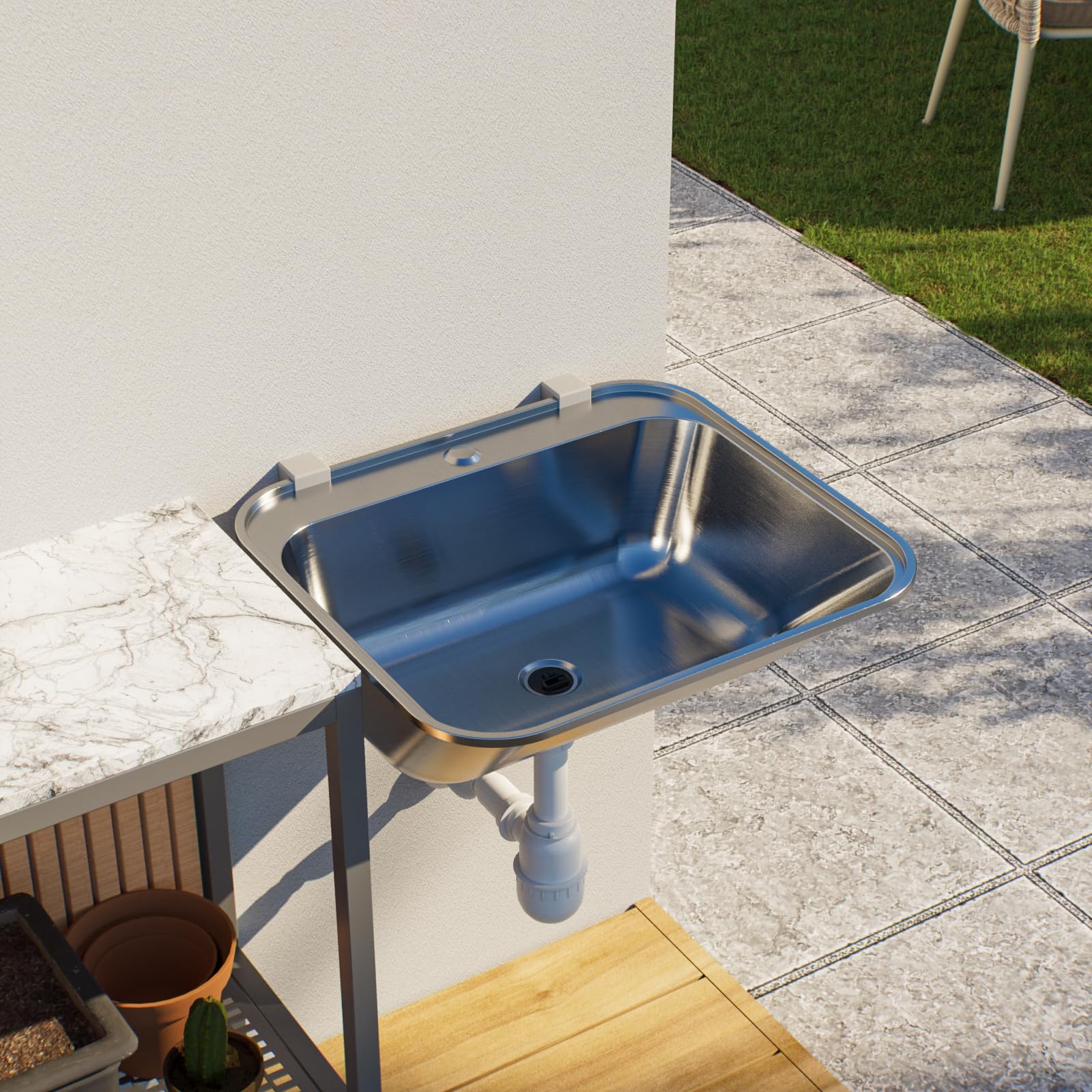 Ausgussbecken Waschbecken Spülbecken Waschtrog draußen Edelstahl Garten Garage Keller Waschküche Werkstatt Waschraum